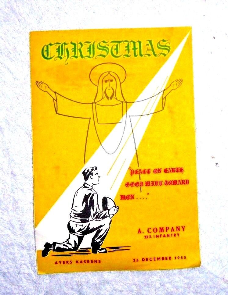 VINTAGE CHRISTMAS MENU A COMPANY 22D INFANTRY AYERS KASERN GERMANY w/NAMES 1955 