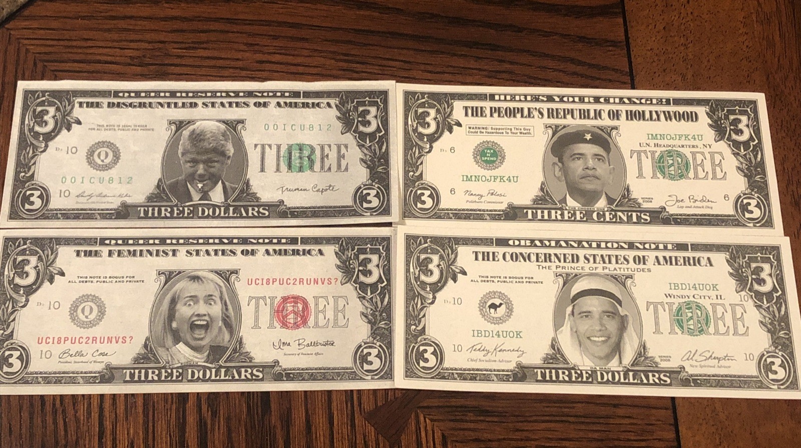 4xParody $3 Bills: Bill & Hilary Clinton Obama US Dollars- Political Humor 4xParody $3 Bills: Bill & Hilary Clinton Obama US Dollars- Political Humor