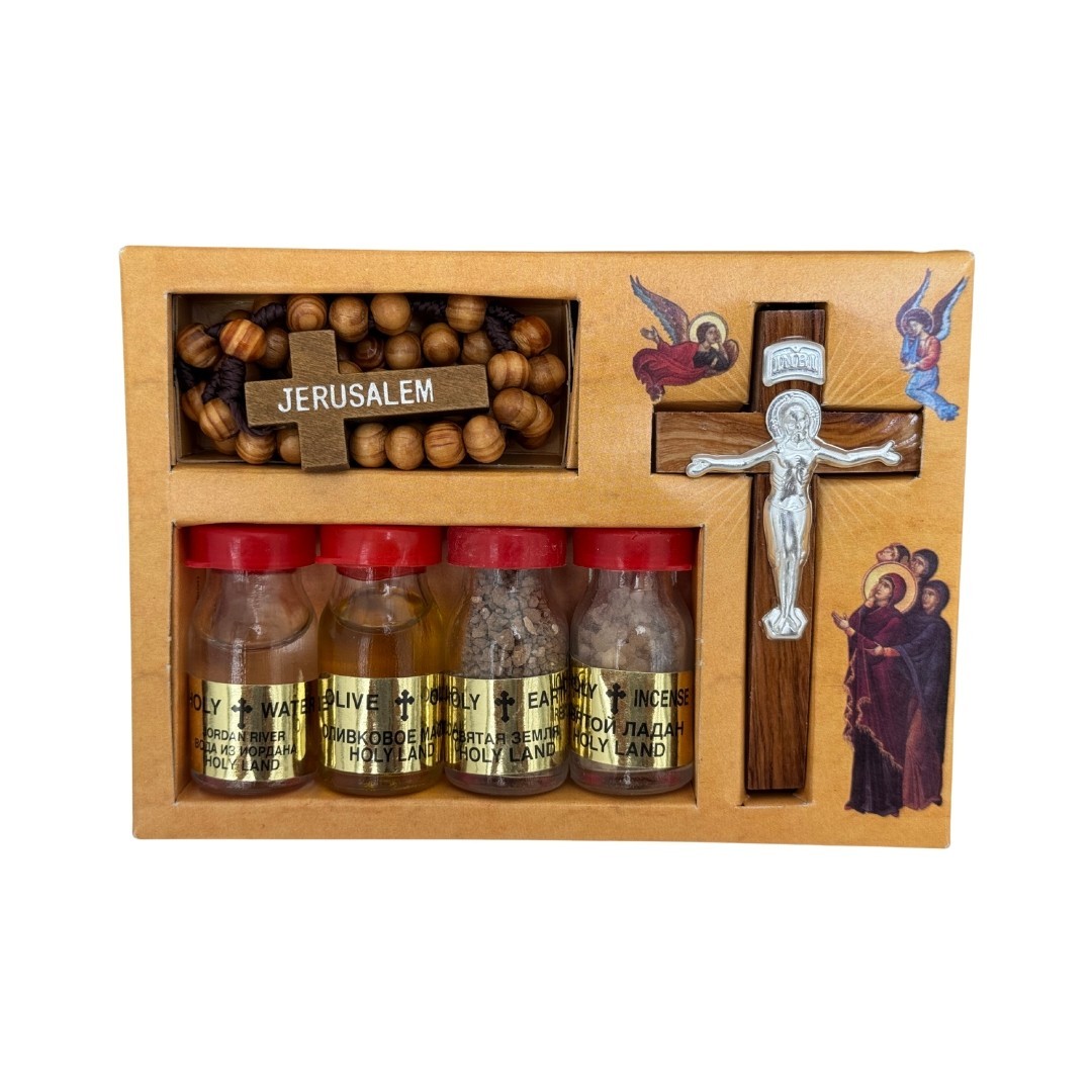 Blessing Kit Bottles and olive wood Cross from The Holy Land Jerusalem Blessing Kit Bottles and olive wood Cross from The Holy Land Jerusalem