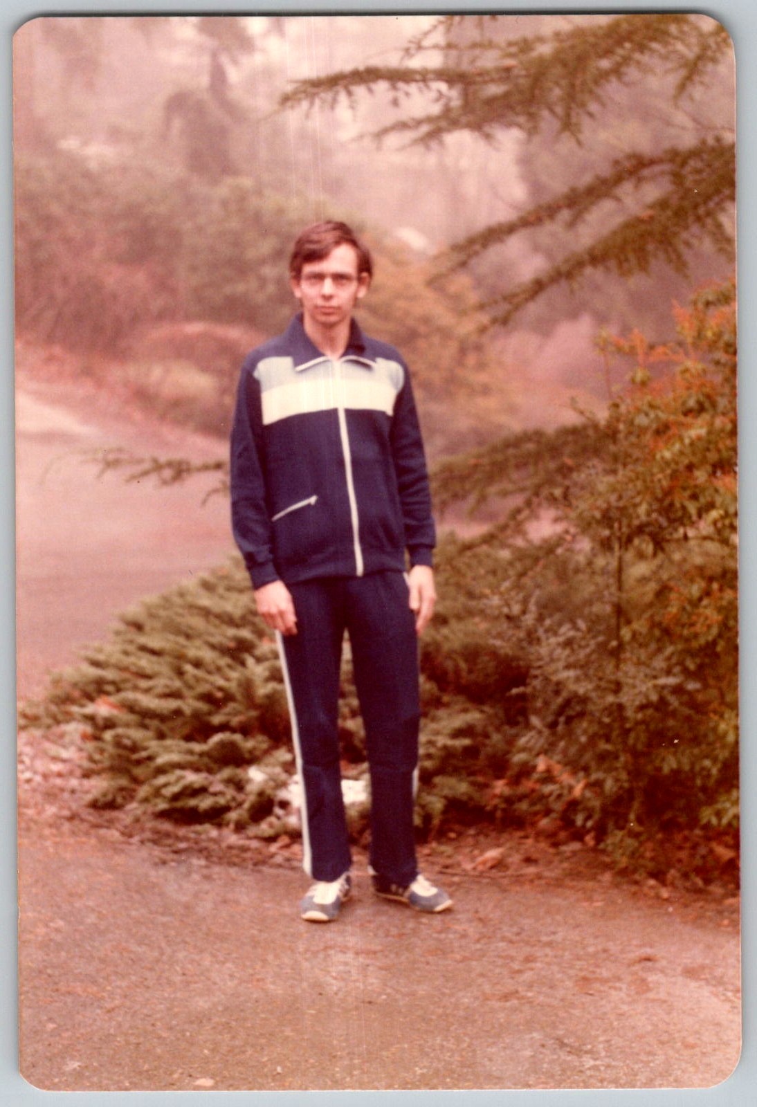 Vtg Color Snapshot Man Navy Blue Striped Tracksuit Sneakers Outdoors Park 1970s Vtg Color Snapshot Man Navy Blue Striped Tracksuit Sneakers Outdoors Park 1970s