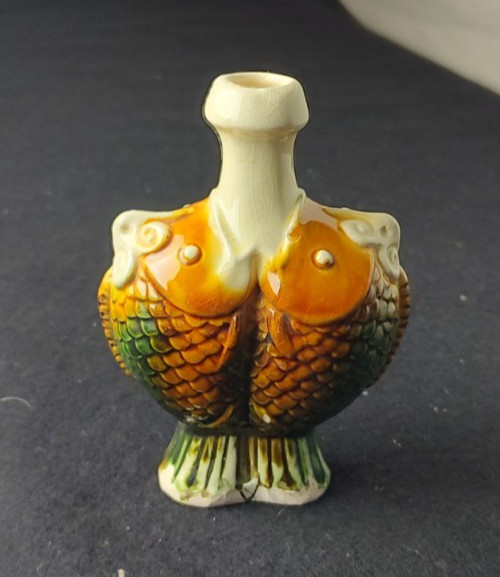 Vintage Majolica Double Koi Fish Vase #41 Basketweave MCM Drip Glaze Pottery