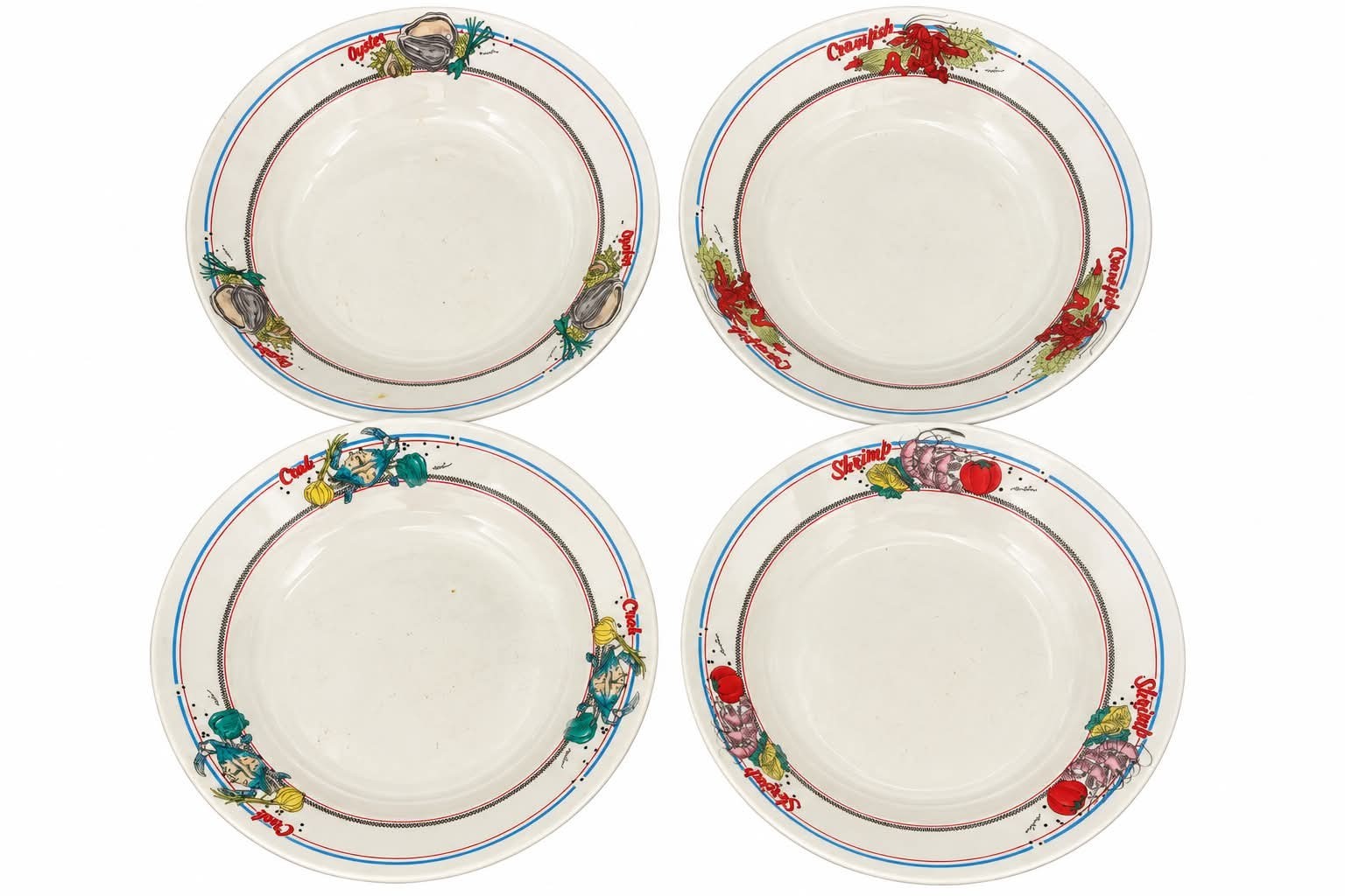 Vintage 1986 Cajun Classics Seafood Soup Bowls 9.5” Set of 4 Made in Japan Vintage 1986 Cajun Classics Seafood Soup Bowls 9.5” Set of 4 Made in Japan