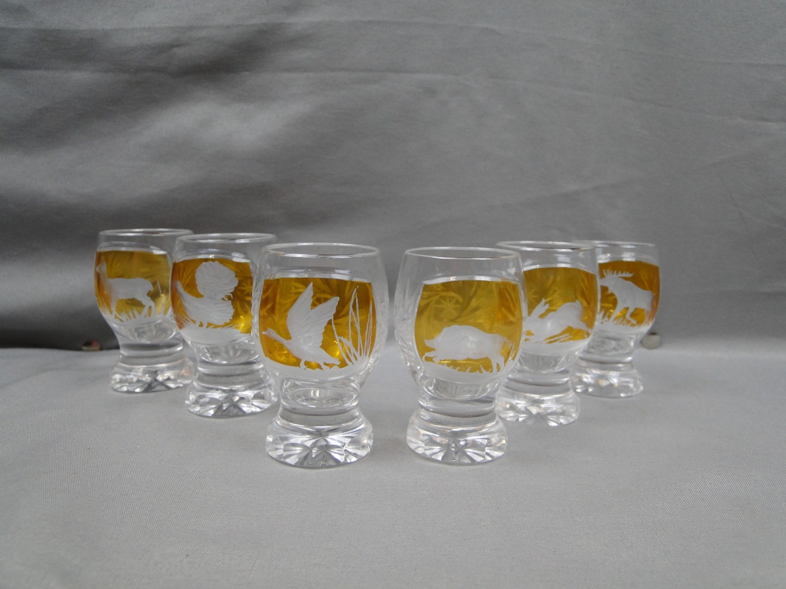 Bohemian Cut Amber Clear Crystal Etching Hunting Shot Glass Animal Turkey Duck