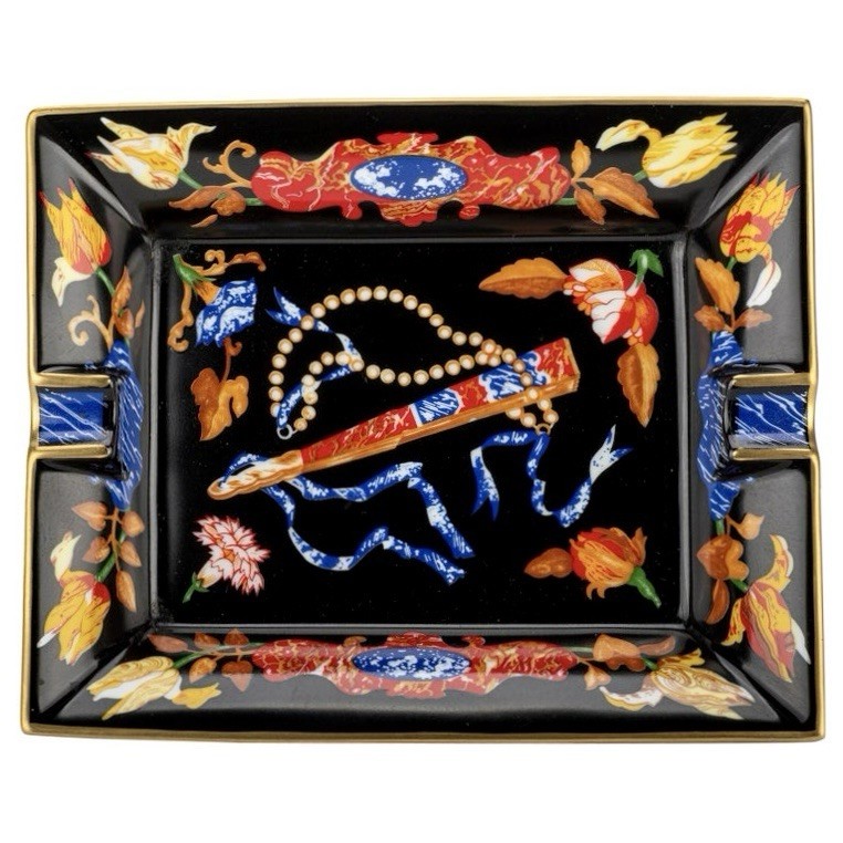 Hermès Tray Porcelain Ashtray Change Trinket Oriental Fan Gold Black Vintage 80s Hermès Tray Porcelain Ashtray Change Trinket Oriental Fan Gold Black Vintage 80s