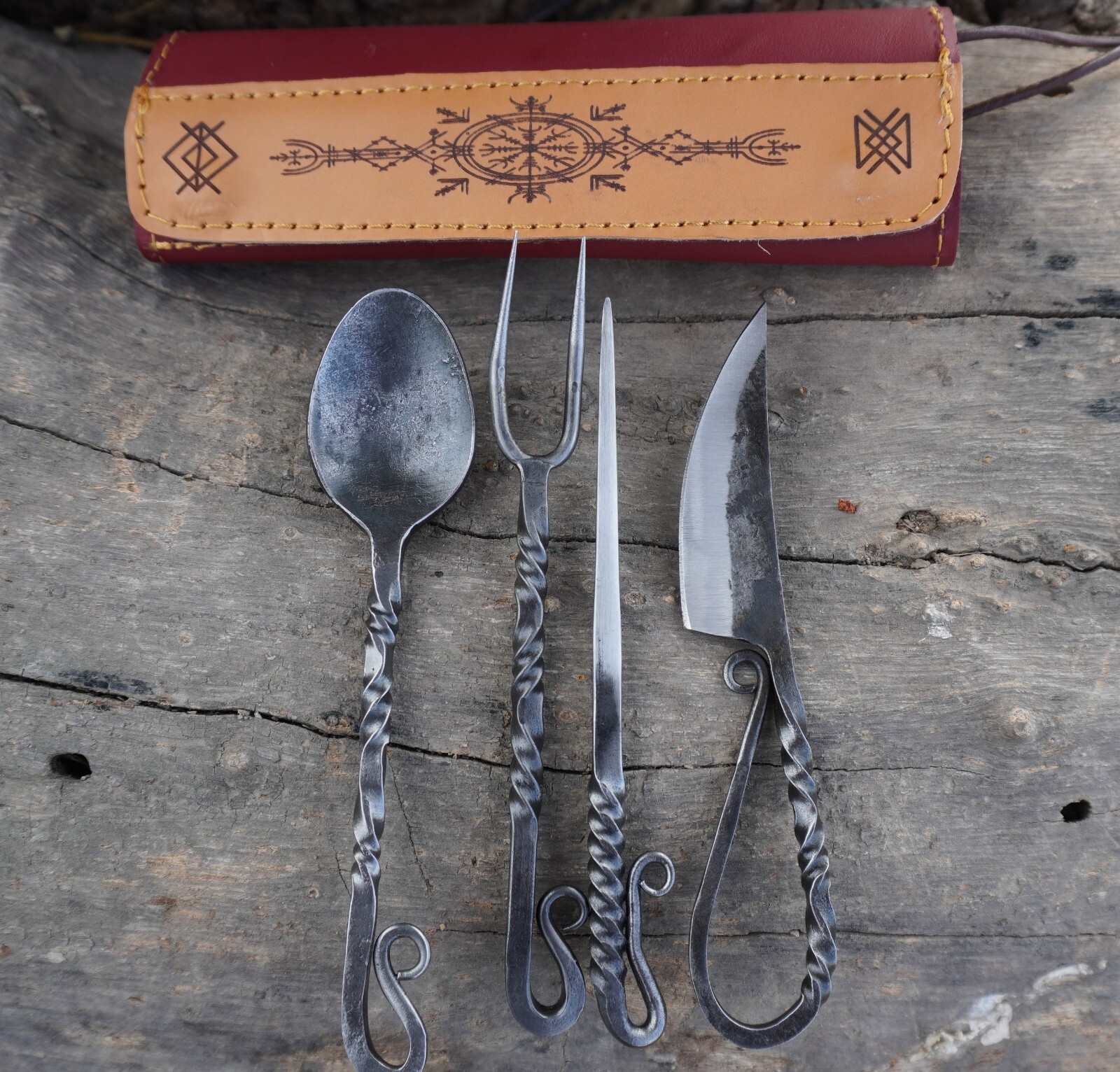 Hand Forged Viking cutlery set Fork Knife and Spoon with beautiful Leather kit