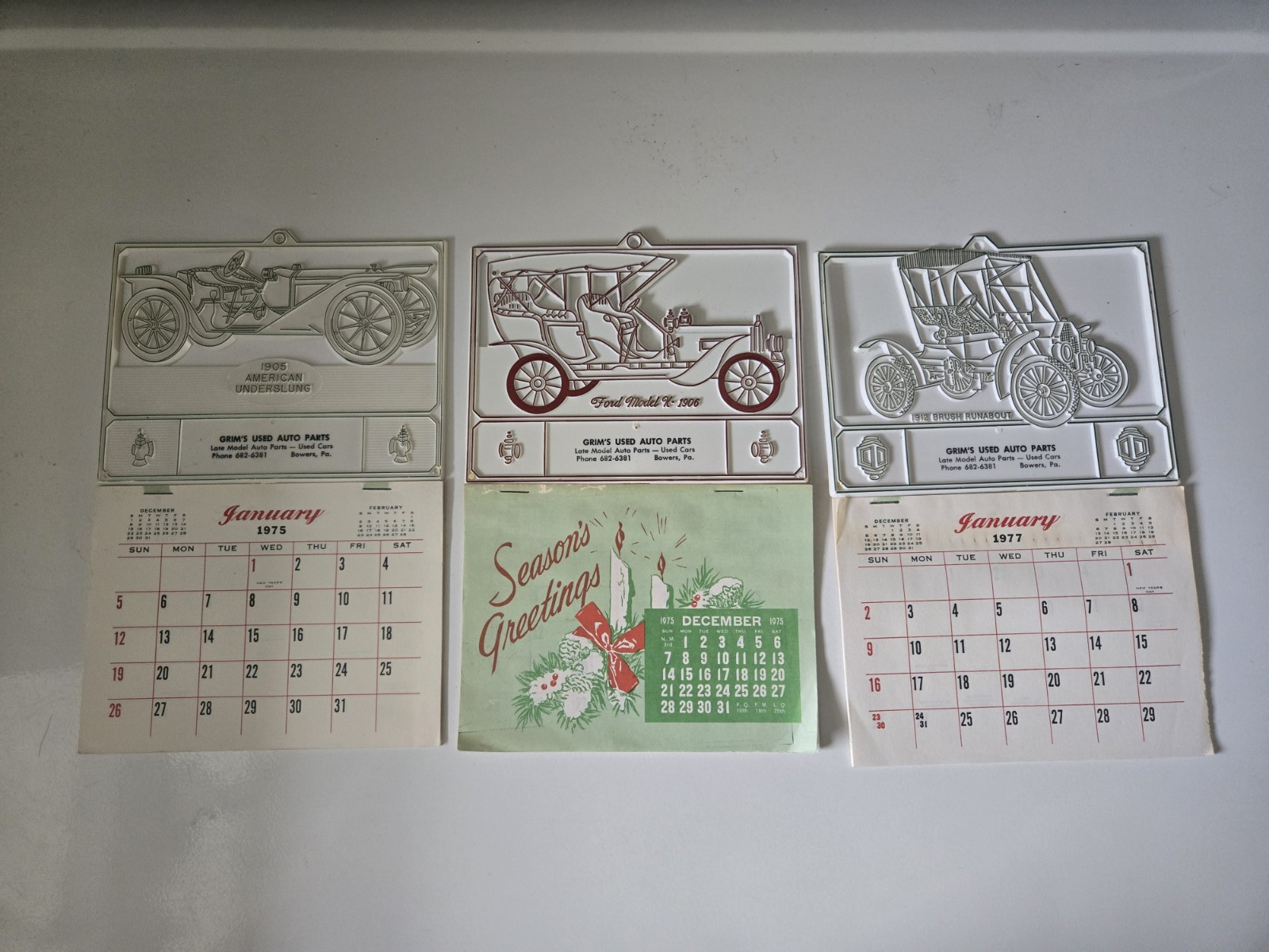 3 Vtg advertising CALENDARS (1975 - 1977) from GRIM'S USED AUTO PARTS, Bowers,PA