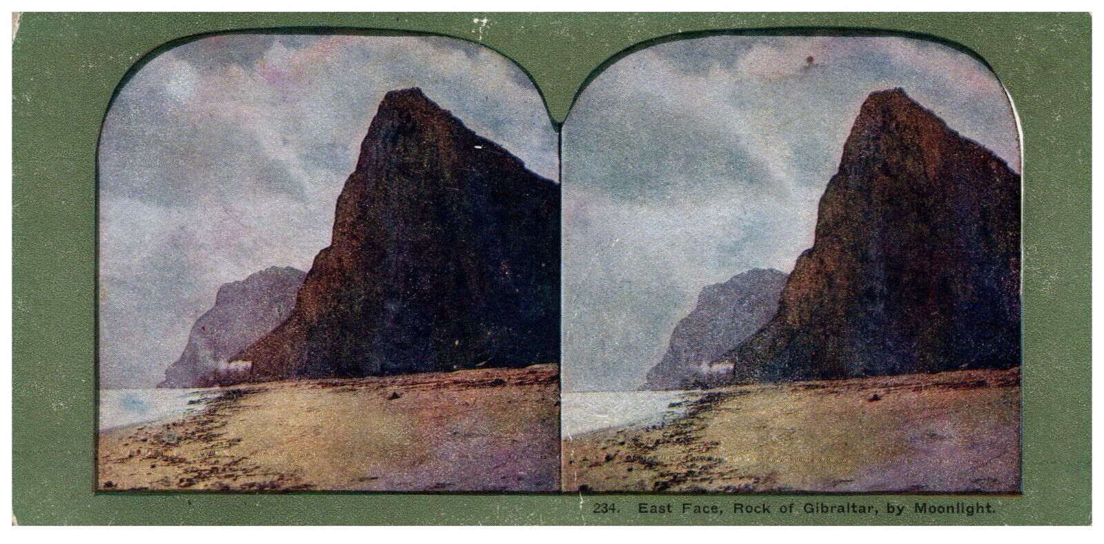 STEREOSCOPE THE ROCK OF GIBRALTAR EAST FACE BY MOONLIGHT CARD 234