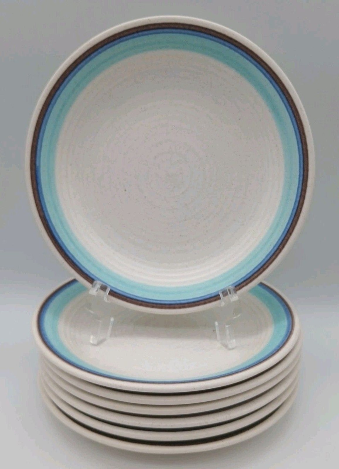 7 Vtg Franciscan Malibu Desert Plates Bread Appetizer Blue Brown Rings Stoneware 7 Vtg Franciscan Malibu Desert Plates Bread Appetizer Blue Brown Rings Stoneware