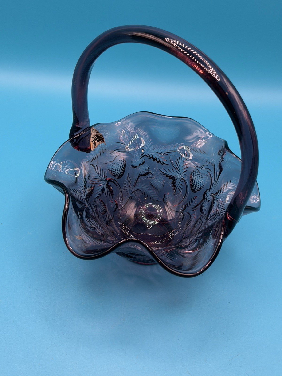 VINTAGE FENTON AMETHYST INVERTED STRAWBERRY GLASS BASKET/ EMBOSSED/ ELEGANT