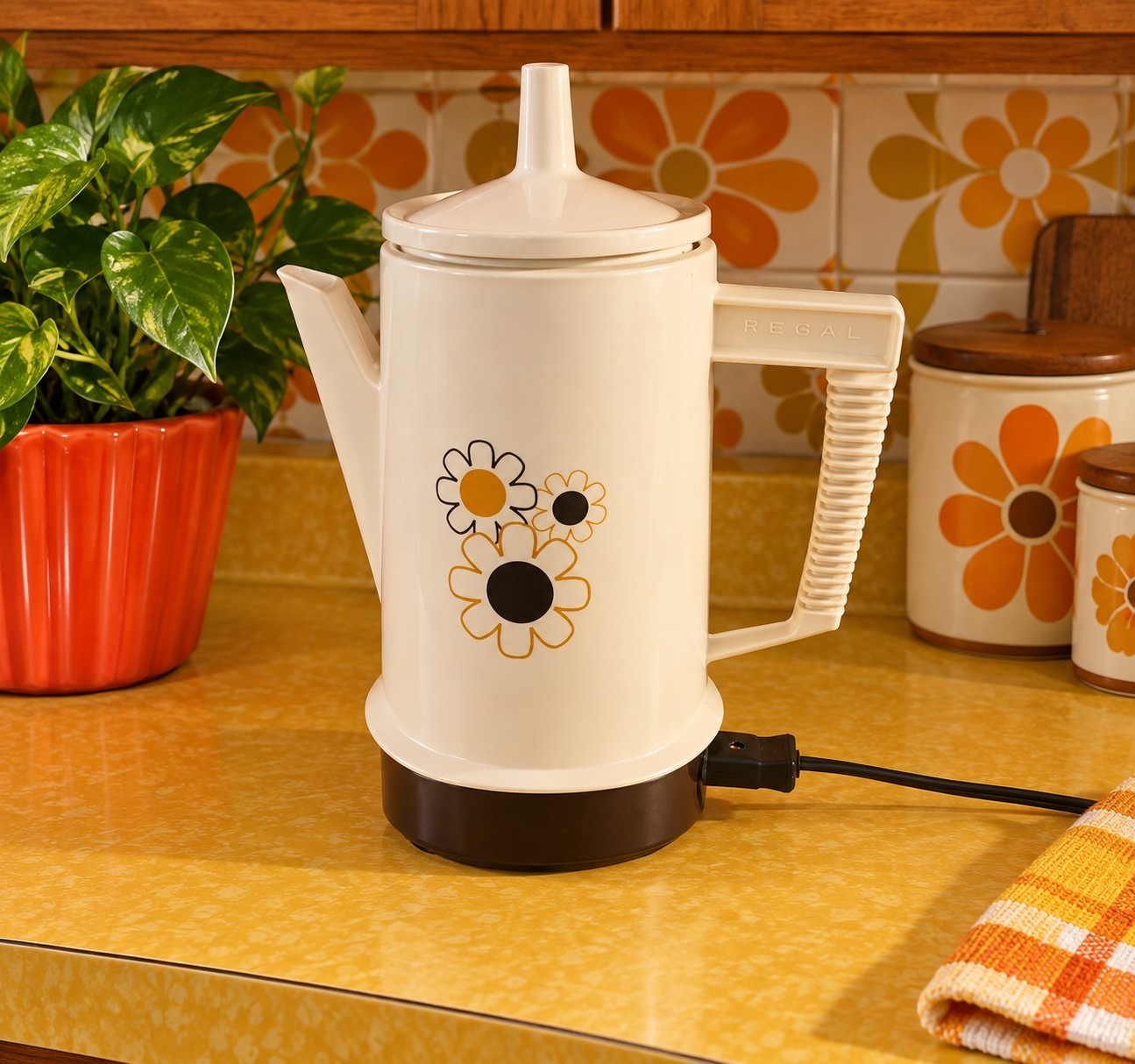 Vntg 70s Regal Poly Insta Hot Pot 5 Cup Electric Coffee/Tea Mod Daisy Works Well