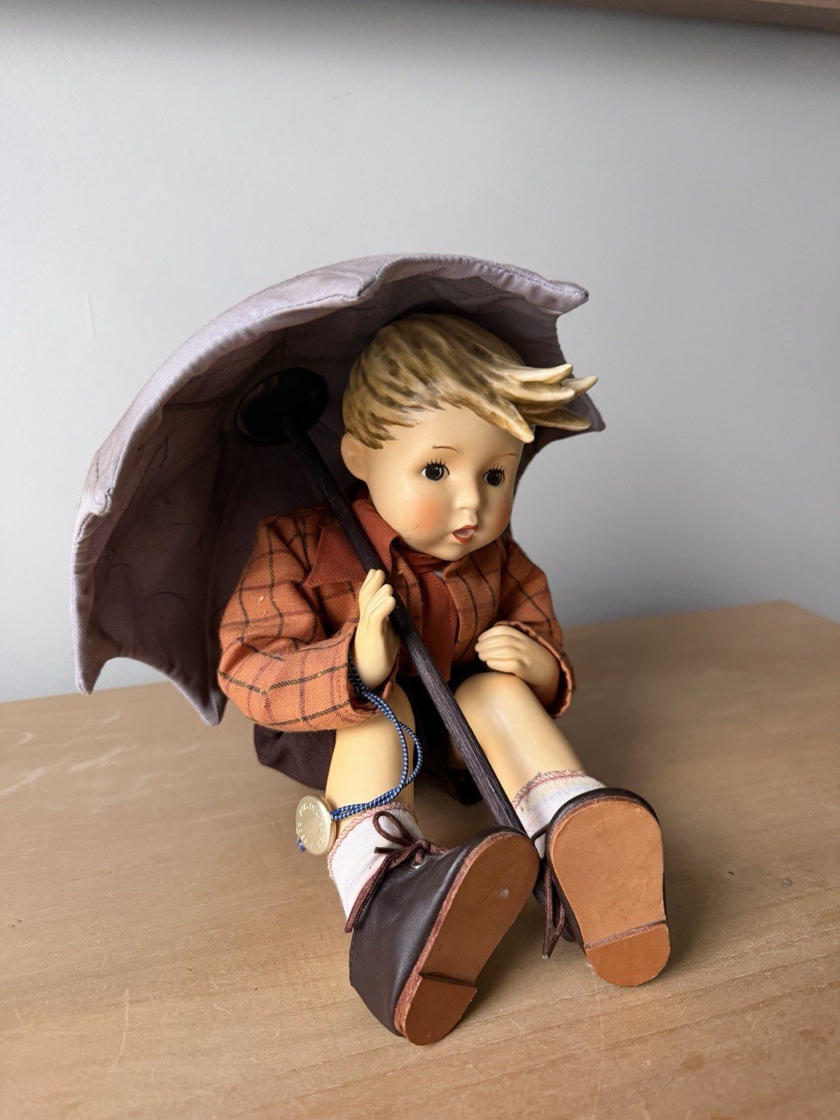 Mj Hummel Goebel Rainy Day Porcelain Boy Doll with Umbrella Mj Hummel Goebel Rainy Day Porcelain Boy Doll with Umbrella