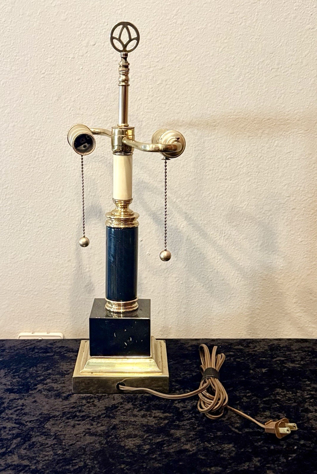 Vintage MCM Brass, Metal & Marble Dual Socket Table Lamp with Original Finial Vintage MCM Brass, Metal & Marble Dual Socket Table Lamp with Original Finial