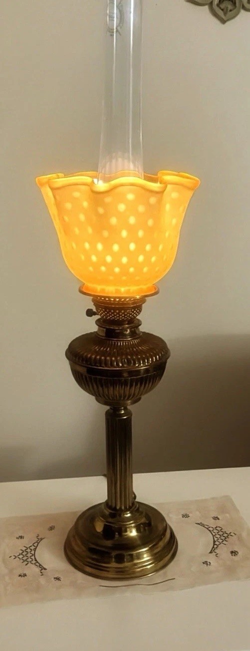 Vintage Parlor 24” Oil Lamp Electrified With Yellow Shade And Alladin Chimney Vintage Parlor 24” Oil Lamp Electrified With Yellow Shade And Alladin Chimney