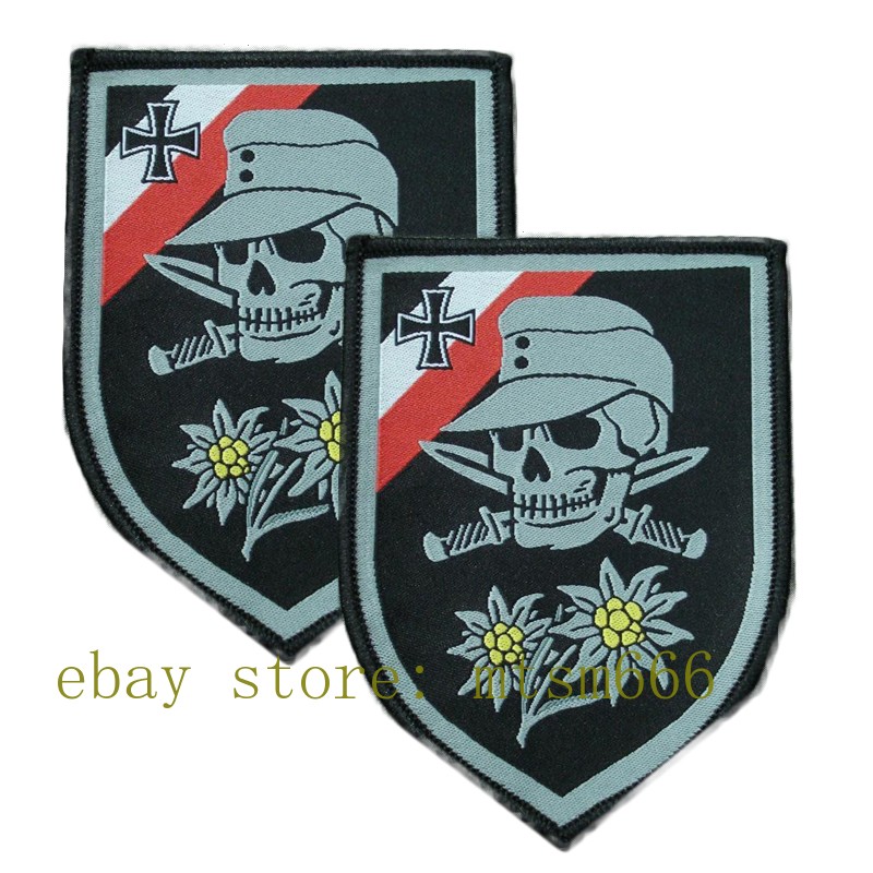 2pcs WW2 World War 2 German Skull Cross Edelweiss 3.75" Woven Patch