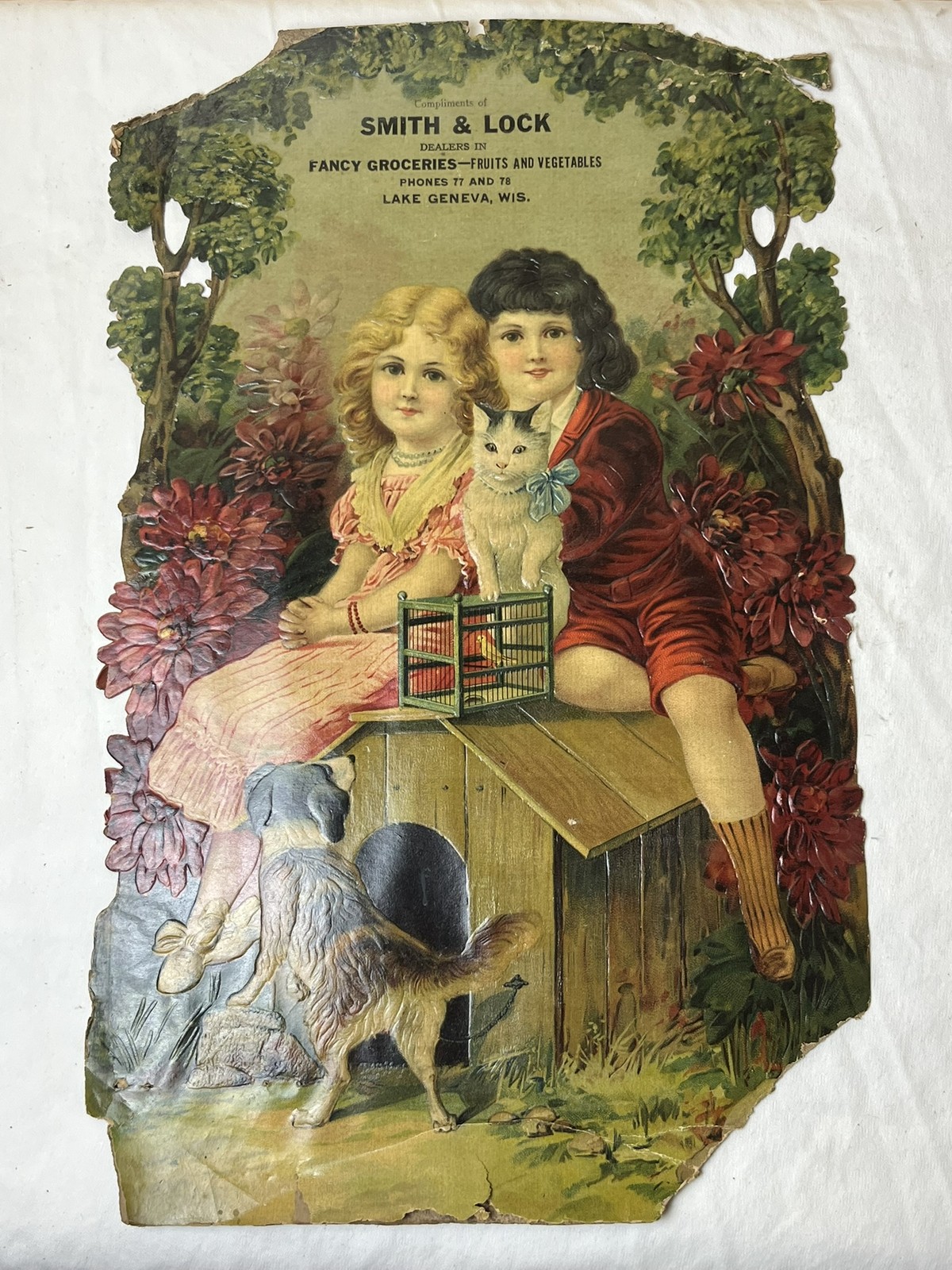 c1900 Smith & Lock Lake Geneva WI Embossed Chromolithograph Die Cut Ad c1900 Smith & Lock Lake Geneva WI Embossed Chromolithograph Die Cut Ad