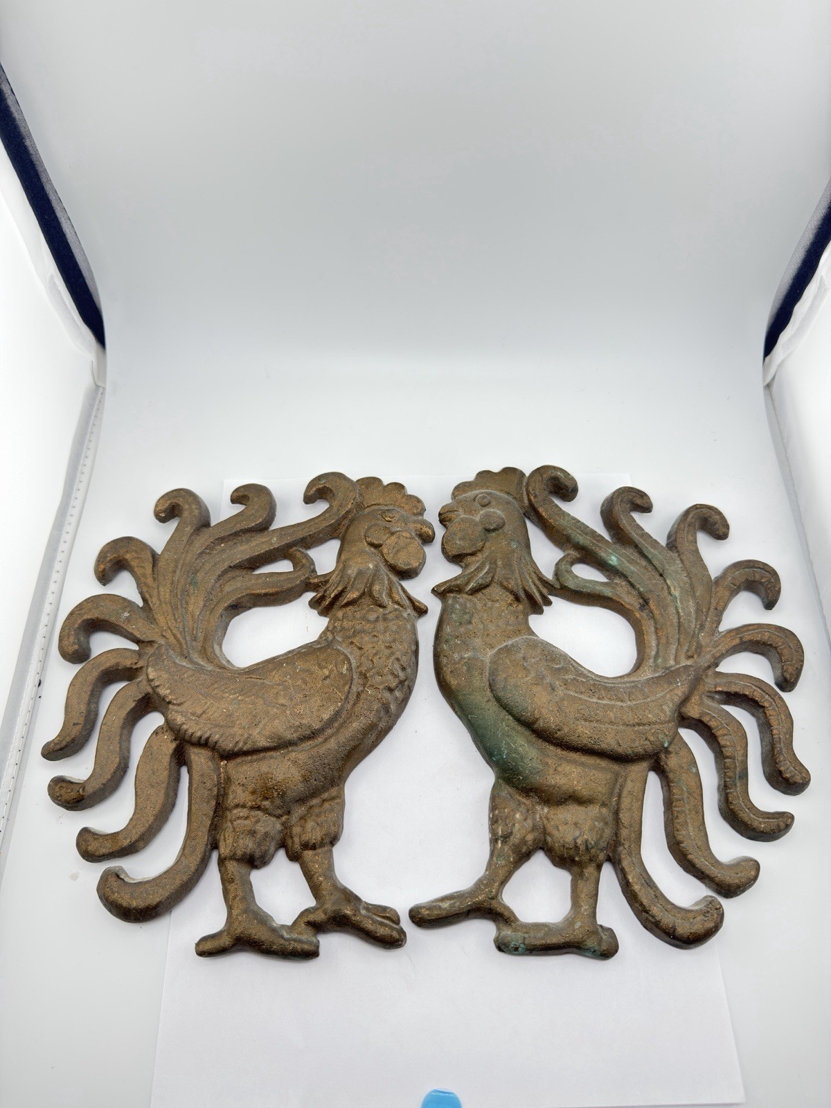 Vintage Pair of Heavy Brass Rooster Decorations Wall Art