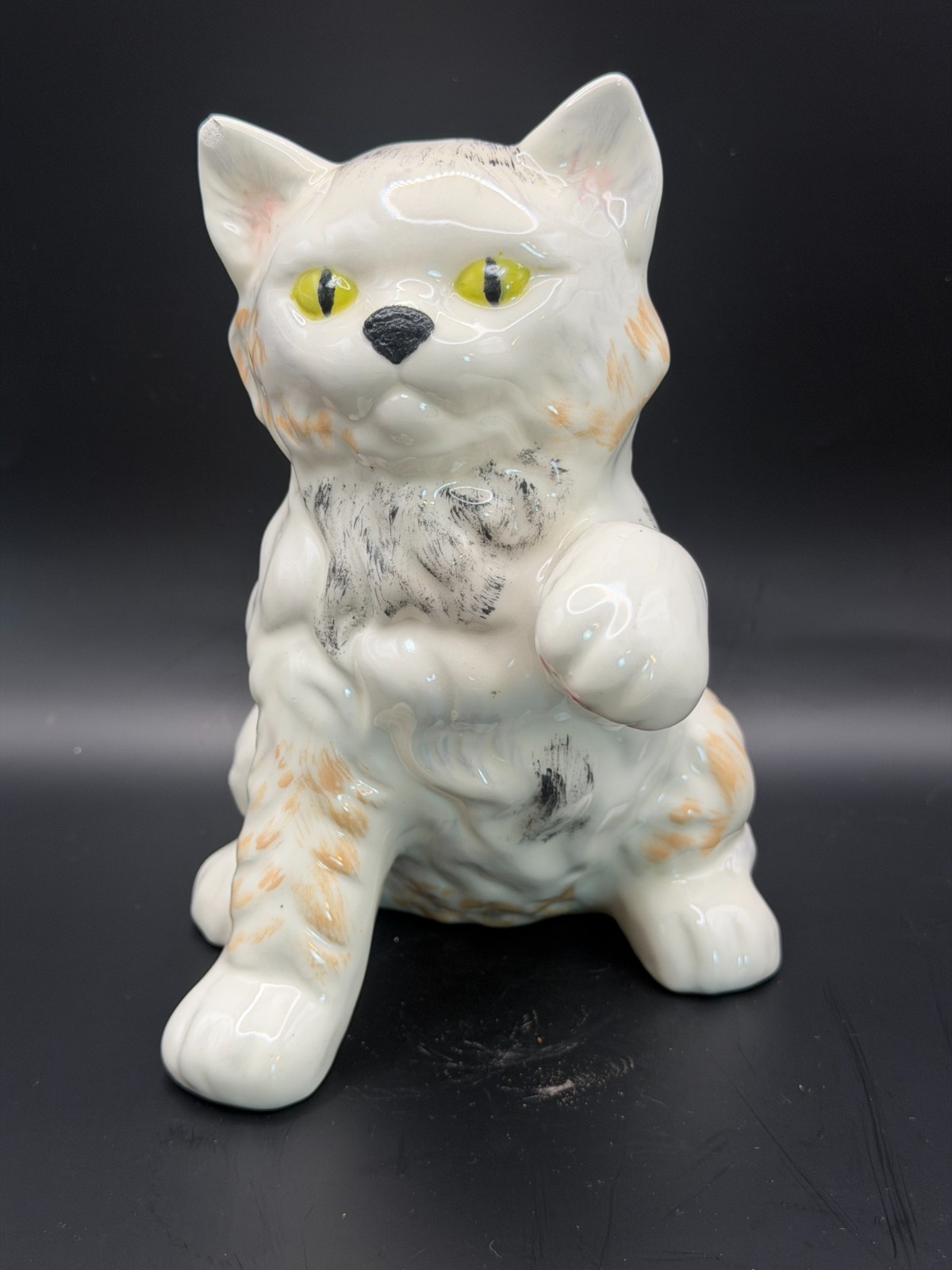 Vintage Hand Painted Ceramic Cat Figurine Signed B.K. Large Raised Paw Kitty Vintage Hand Painted Ceramic Cat Figurine Signed B.K. Large Raised Paw Kitty