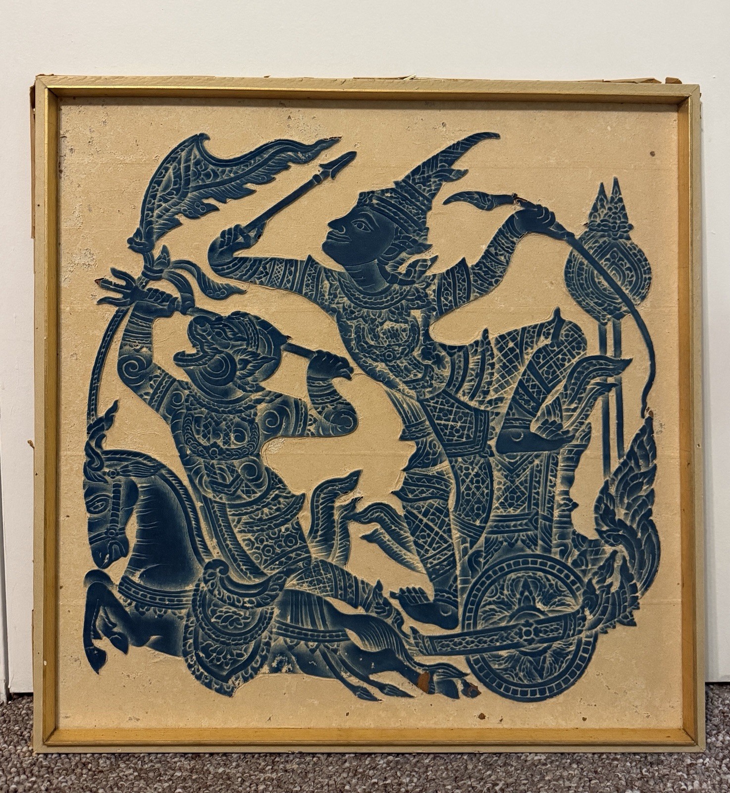 VINTAGE 1960'S MCM THAI TEMPLE RUBBING RICE PAPER RAMAKIEN WARRIOR BLUE ART WOW VINTAGE 1960'S MCM THAI TEMPLE RUBBING RICE PAPER RAMAKIEN WARRIOR BLUE ART WOW