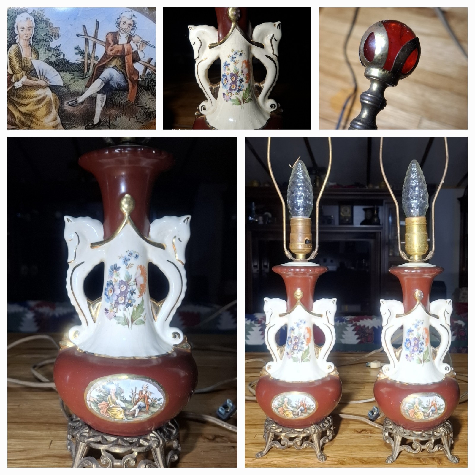 Vintage Pair Porcelain Victorian Horse Lamps Paul Chilo Red Glass Ball Final Vintage Pair Porcelain Victorian Horse Lamps Paul Chilo Red Glass Ball Final