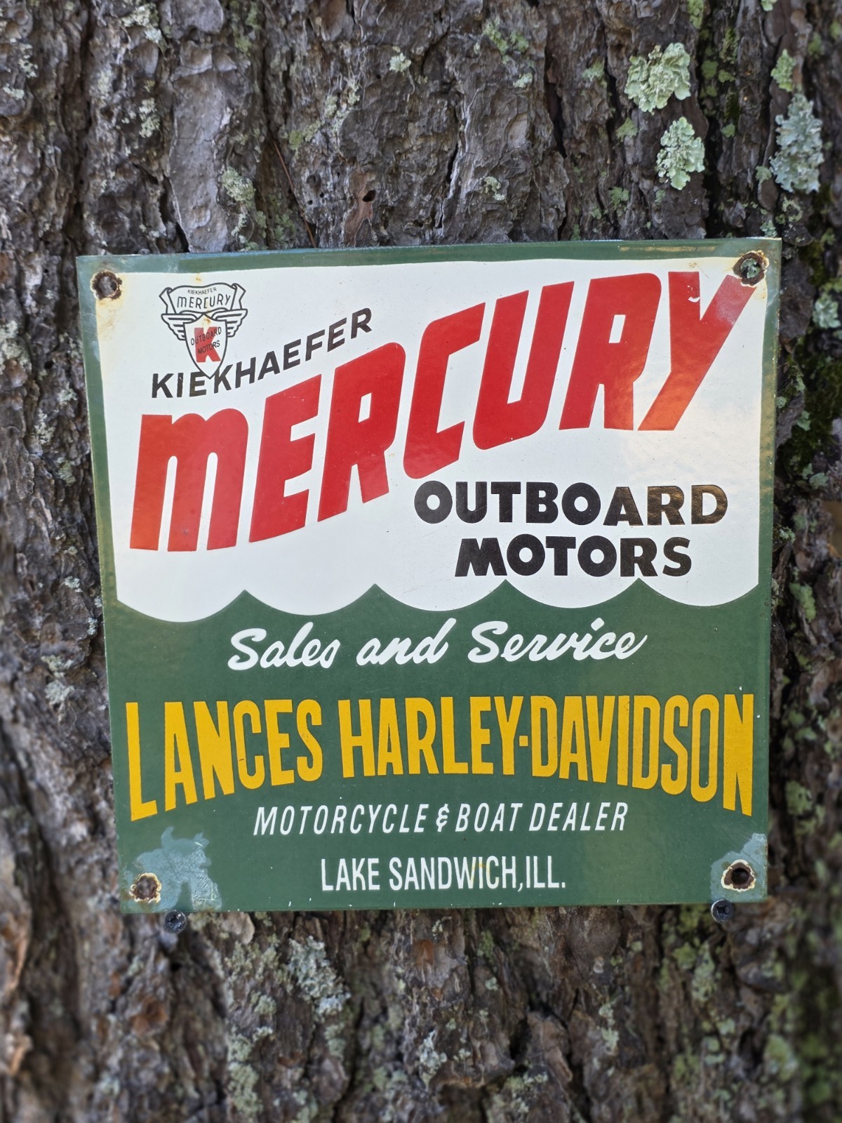 VINTAGE MERCURY OUTBOARD MOTORS PORCELAIN SIGN , LAKE SANDWICH, ILL 9X9 VINTAGE MERCURY OUTBOARD MOTORS PORCELAIN SIGN , LAKE SANDWICH, ILL 9X9