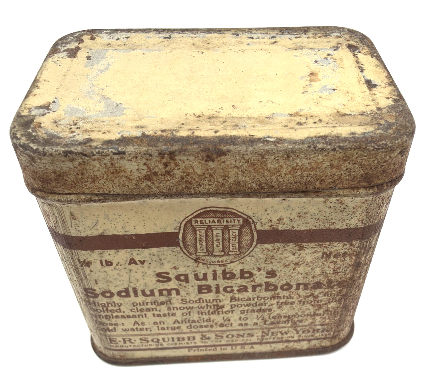 vintage Squibb's Sodium Bicarbonate 1/2 lb tin (empty) vintage Squibb's Sodium Bicarbonate 1/2 lb tin (empty)