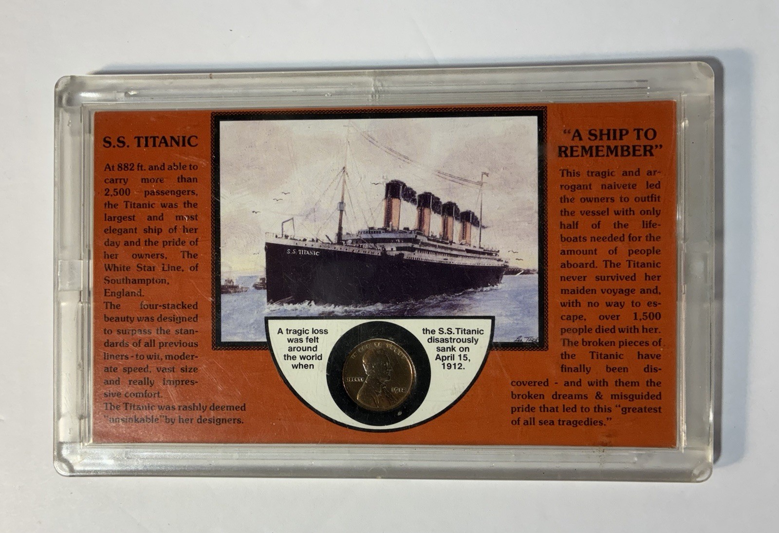 Vintage S.S. Titanic A Ship To Remember Acrylic Display w/ 1912 Wheat Penny Coin Vintage S.S. Titanic A Ship To Remember Acrylic Display w/ 1912 Wheat Penny Coin