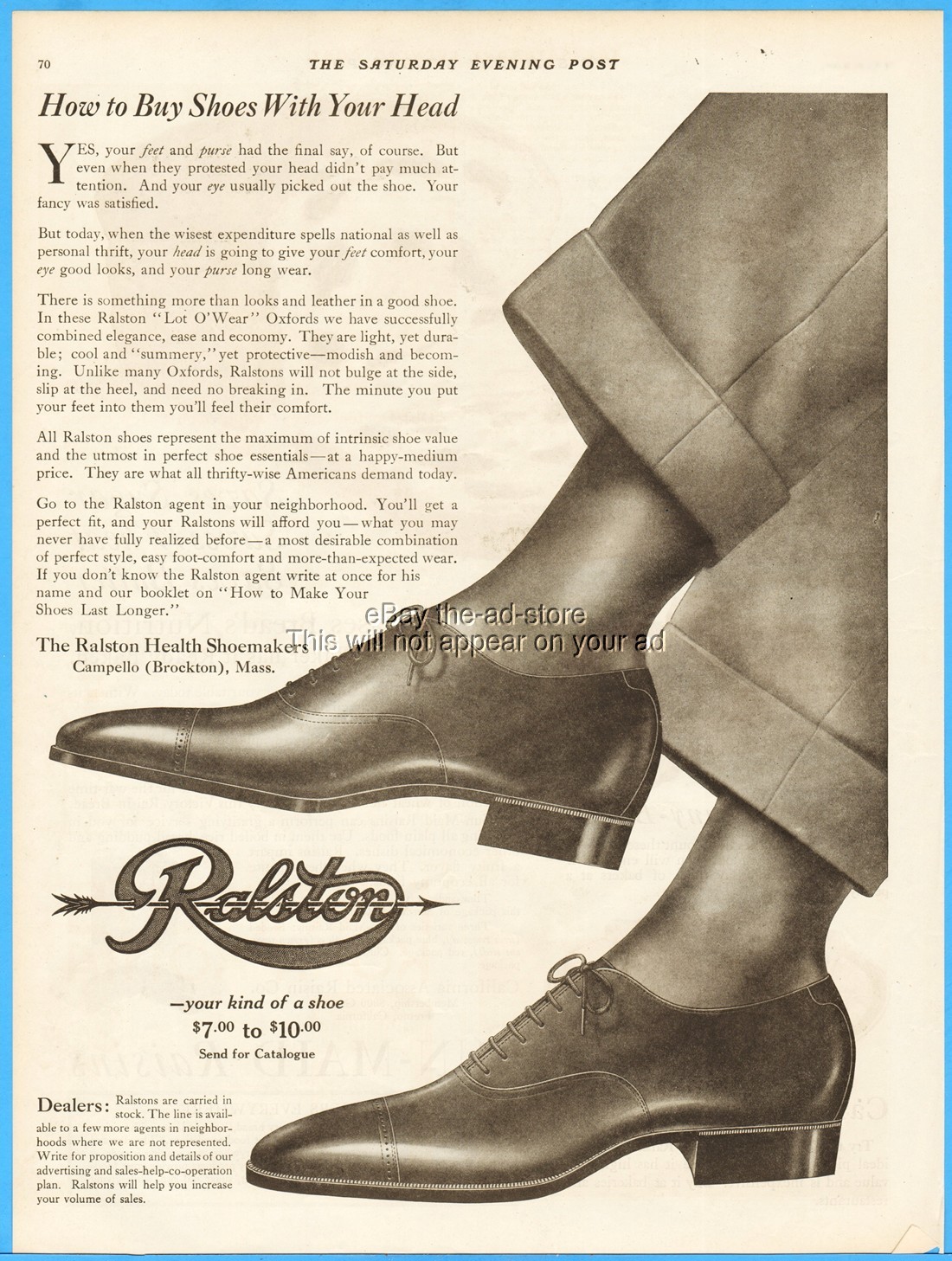 1918 Ralston Health Shoemakers Campello Brockton MA Men's Lace Up Dress Shoes Ad