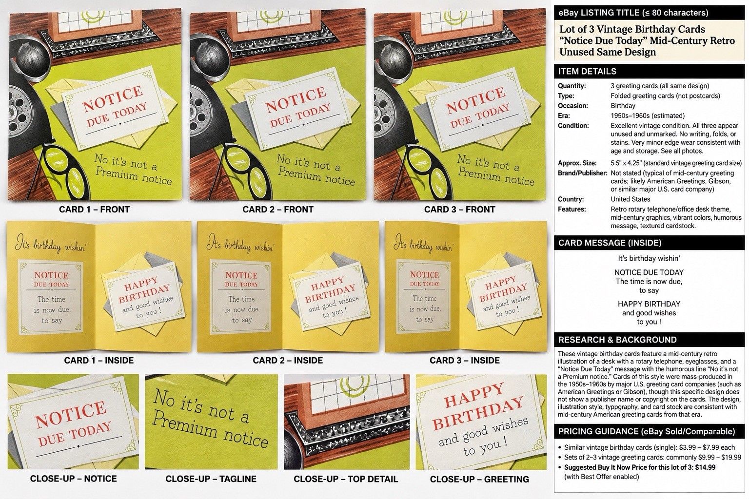 VTG Lot 3 Birthday Cards Notice Due Today Retro Office Humor Unused W/ Envelopes VTG Lot 3 Birthday Cards Notice Due Today Retro Office Humor Unused W/ Envelopes