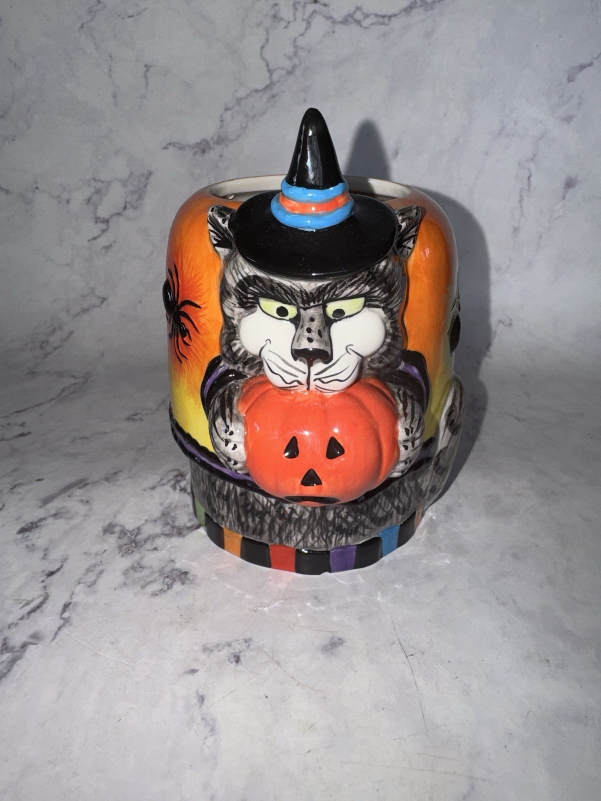 Vintage Fitz & Floyd Kitty Witches Filled Candlecup Halloween Cat Pumpkin UNUSED