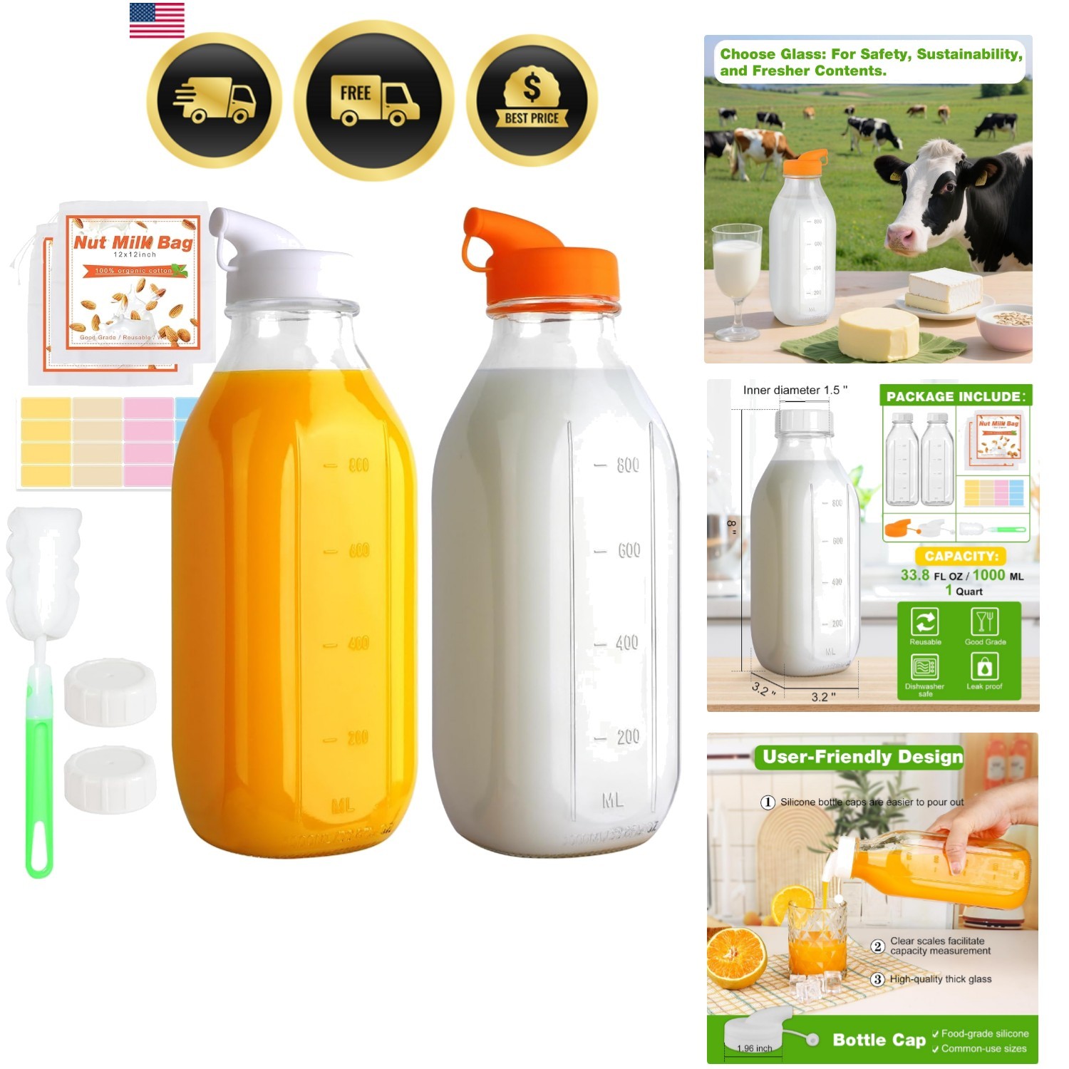 32 Oz Glass Milk Bottles with Lids，1 Quart Juice Drinking Jugs