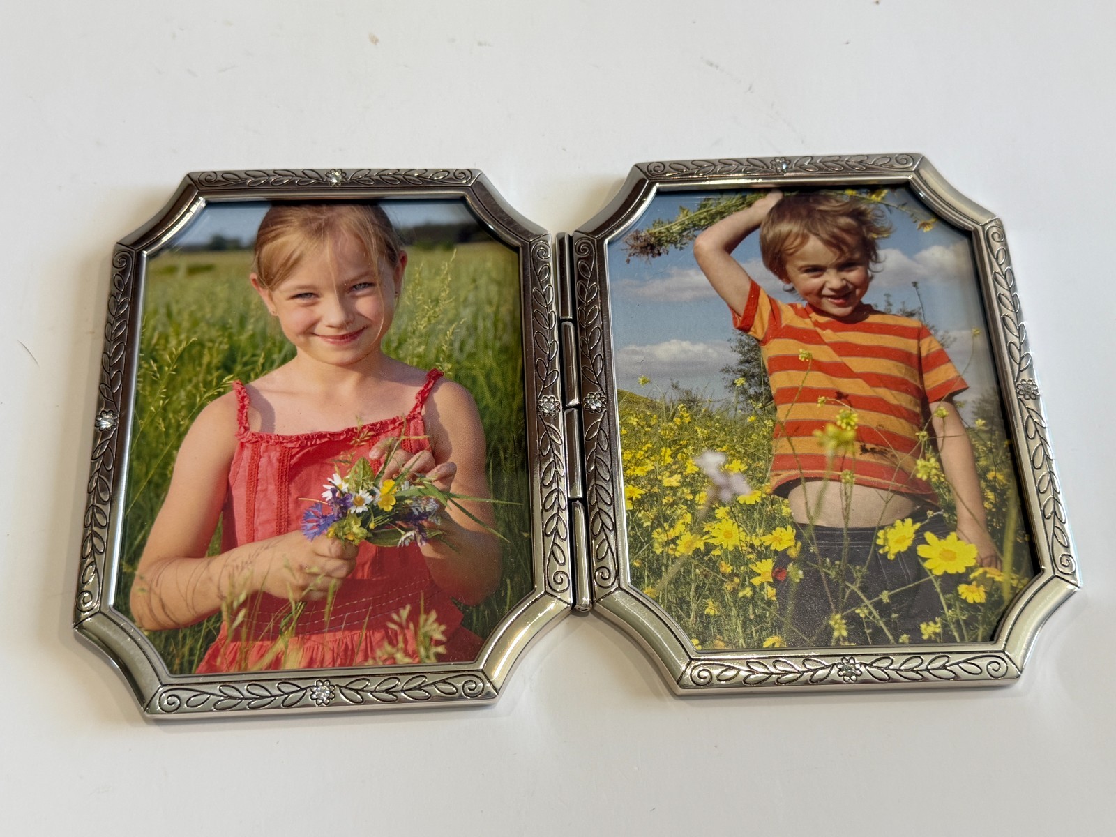 Brighton Tapestry Double Picture Frame G10650 Silver Plated Crystal NIB Brighton Tapestry Double Picture Frame G10650 Silver Plated Crystal NIB