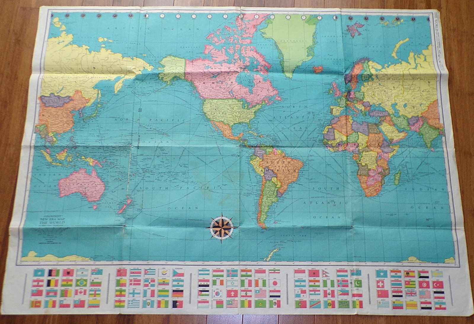 1960s Giant Colorprint Map & Flags of the World 50 x 38 American Map Co No 9577 1960s Giant Colorprint Map & Flags of the World 50 x 38 American Map Co No 9577