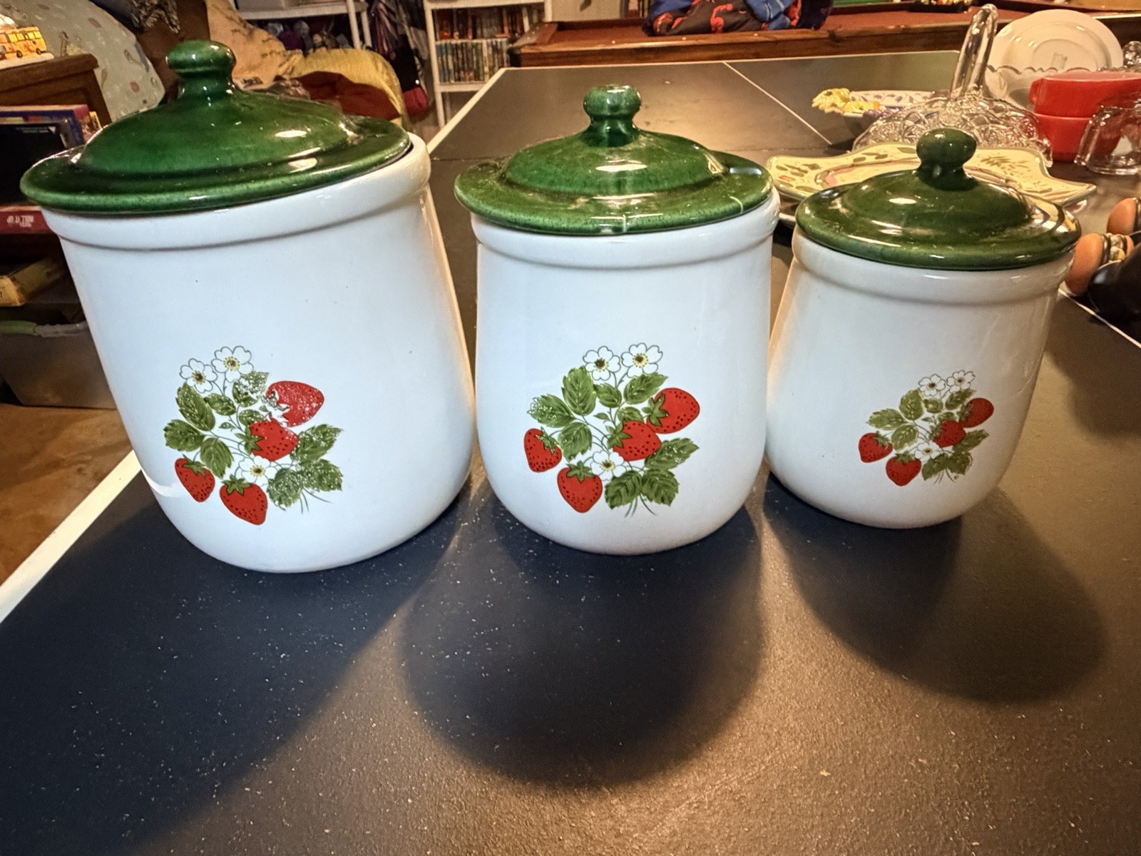 Vintage McCoy Cannister Jar Set Of 3 Strawberry Daisy Pottery Cottage Core Vintage McCoy Cannister Jar Set Of 3 Strawberry Daisy Pottery Cottage Core