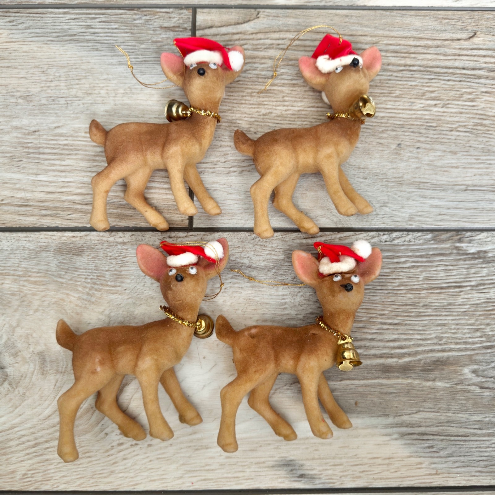 Vintage Flocked Deer Christmas Ornaments Googly Eyes Santa Hat Lot of 4 Read Vintage Flocked Deer Christmas Ornaments Googly Eyes Santa Hat Lot of 4 Read