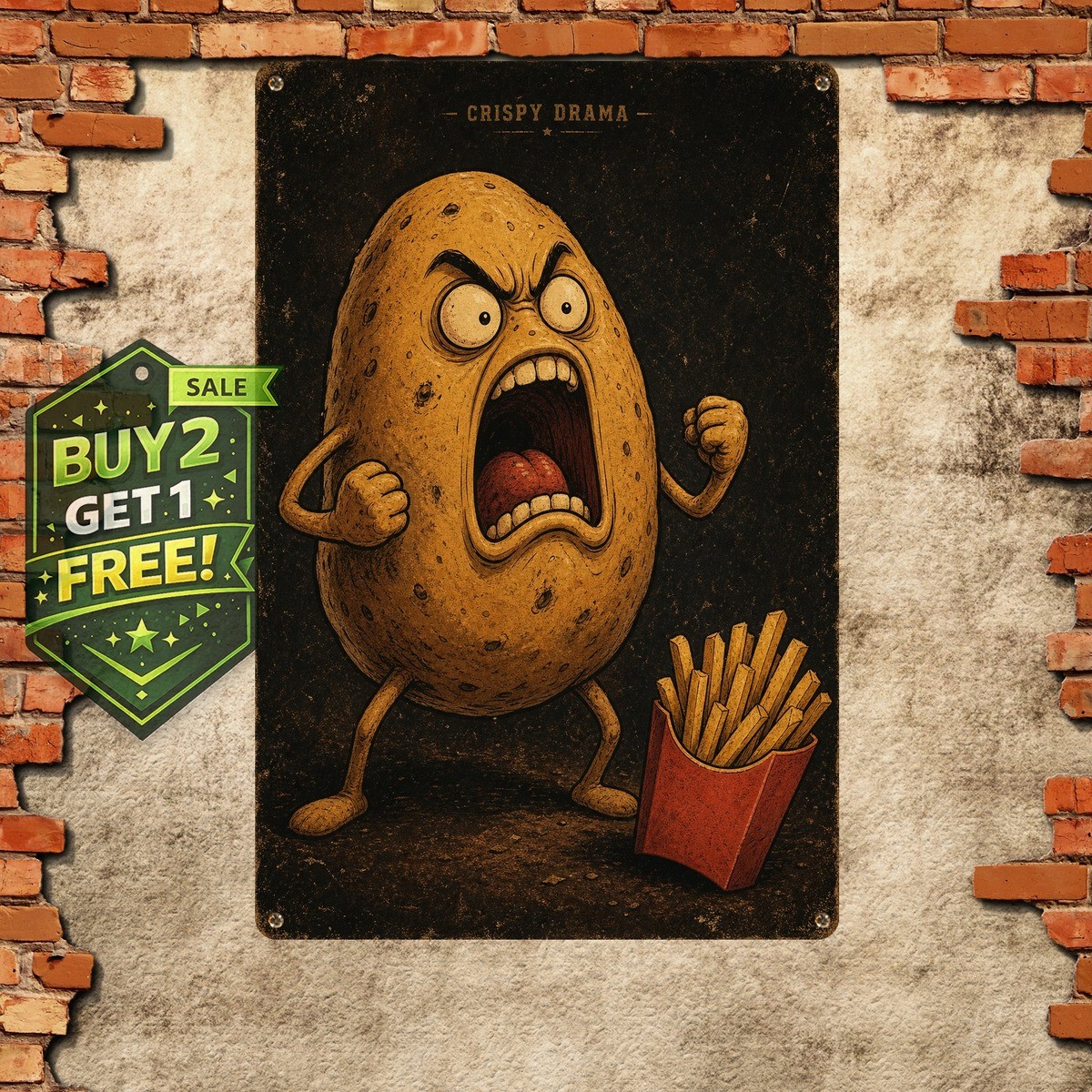 Funny Screaming Potato Tin Sign Anthropomorphic French Fry Character Wall Art Funny Screaming Potato Tin Sign Anthropomorphic French Fry Character Wall Art
