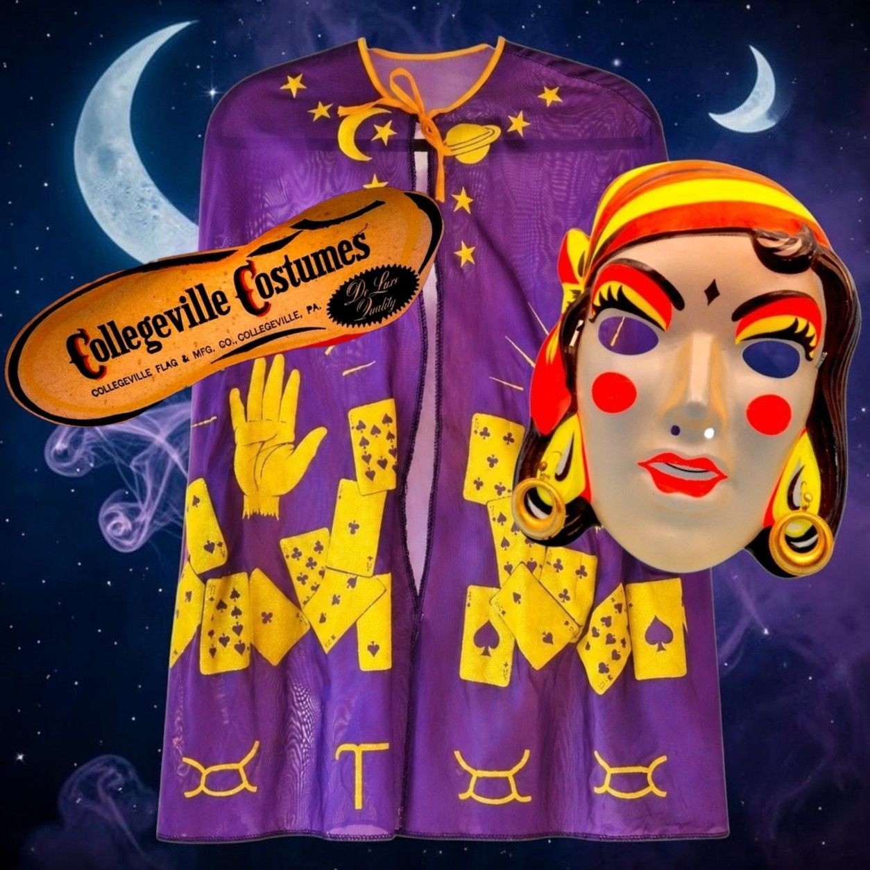 Vintage 1960s Collegeville Fortune Teller Halloween Costume Mask Cape Box USA Vintage 1960s Collegeville Fortune Teller Halloween Costume Mask Cape Box USA