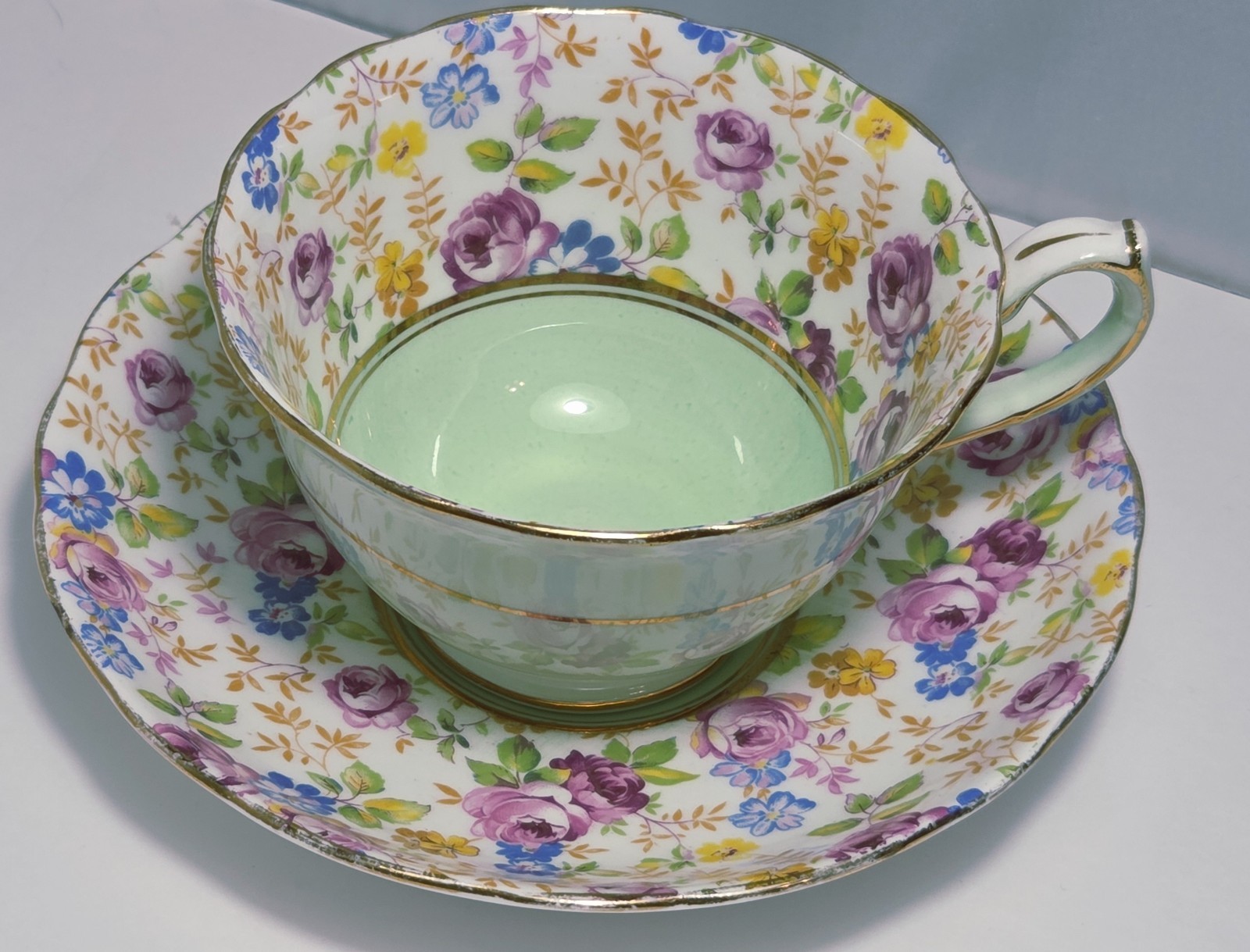 Vintage Hammersley Chintz Tea Cup & Saucer Bone China England Floral & Green Vintage Hammersley Chintz Tea Cup & Saucer Bone China England Floral & Green