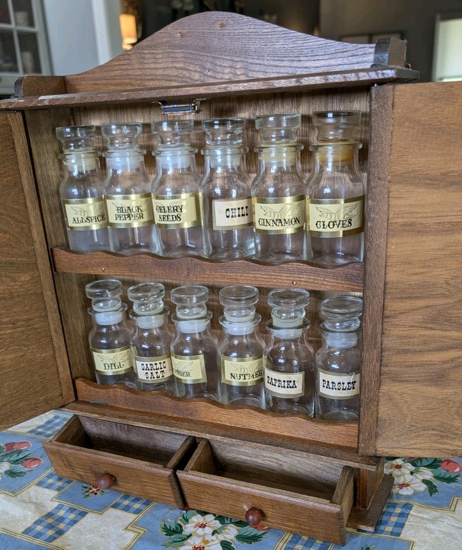 Vintage Wooden Spice Cabinet 12 Glass Jars Japan Wall Mount Original Stoppers Vintage Wooden Spice Cabinet 12 Glass Jars Japan Wall Mount Original Stoppers