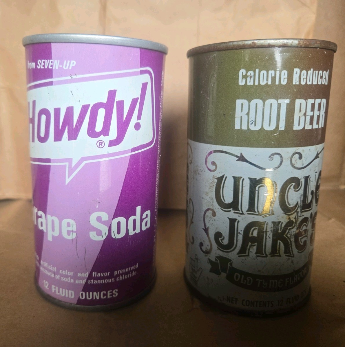 Vintage Howdy Grape & Uncle Jake's Calorie Reduced Root Beer Steel Soda Pop Cans Vintage Howdy Grape & Uncle Jake's Calorie Reduced Root Beer Steel Soda Pop Cans