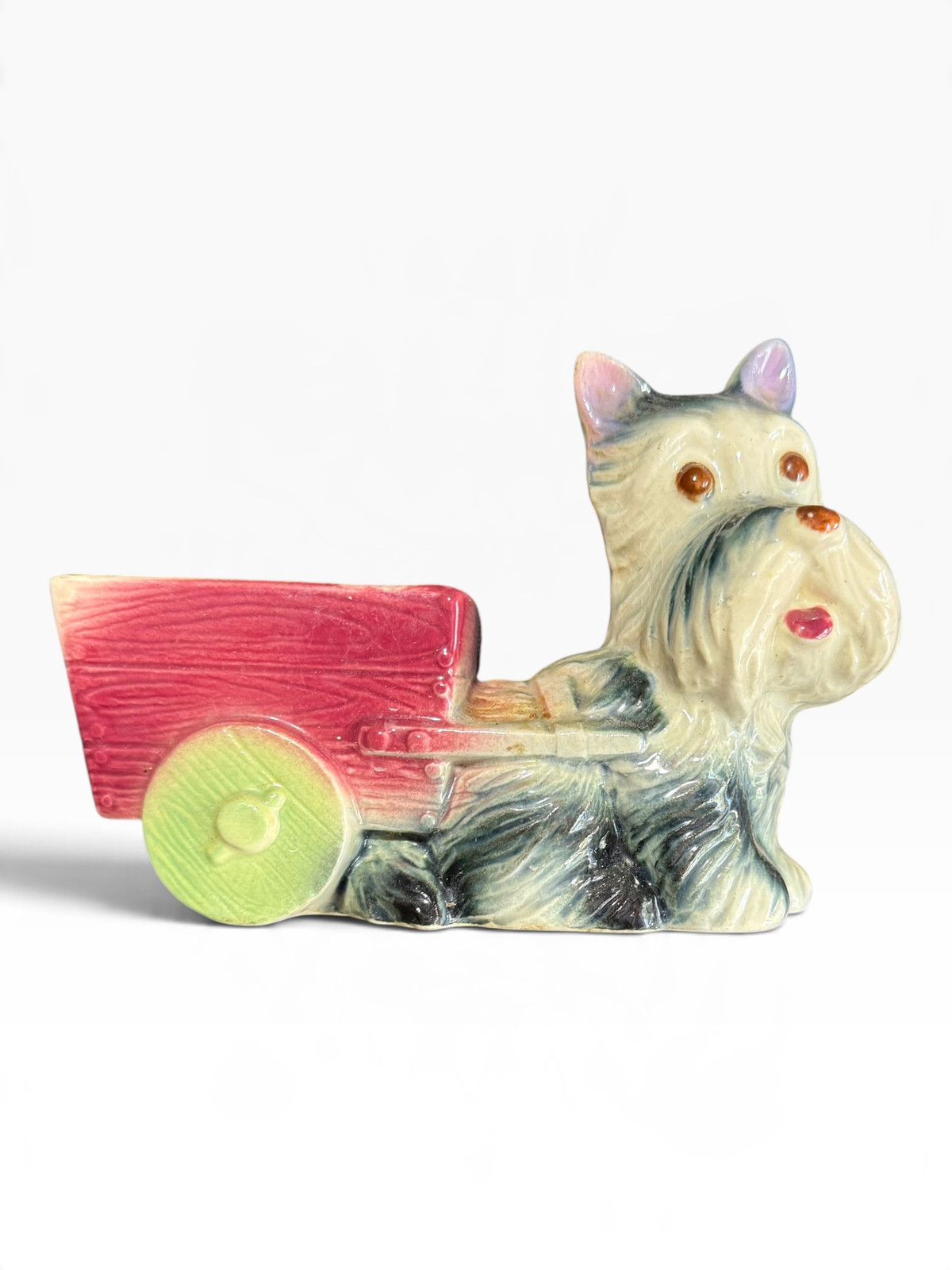 Vintage Ceramic Scottie Dog Planter with Red Wagon Cart Figurine 6 Inch