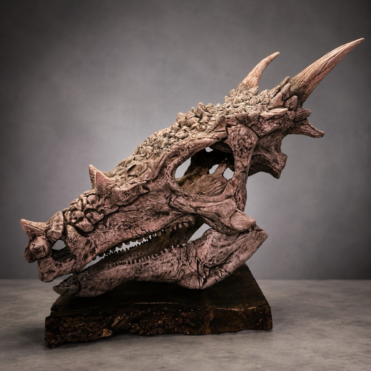Dracorex Hogwartsia Skull || Life Size || Replica Fossil || Burned Oak Base Dracorex Hogwartsia Skull || Life Size || Replica Fossil || Burned Oak Base
