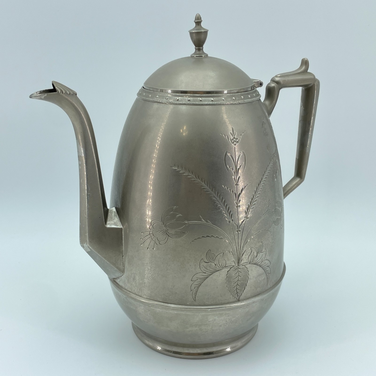Vintage MCM Pewter Coffee Pot Engraved Floral Tea Pot Silver Decor 10in