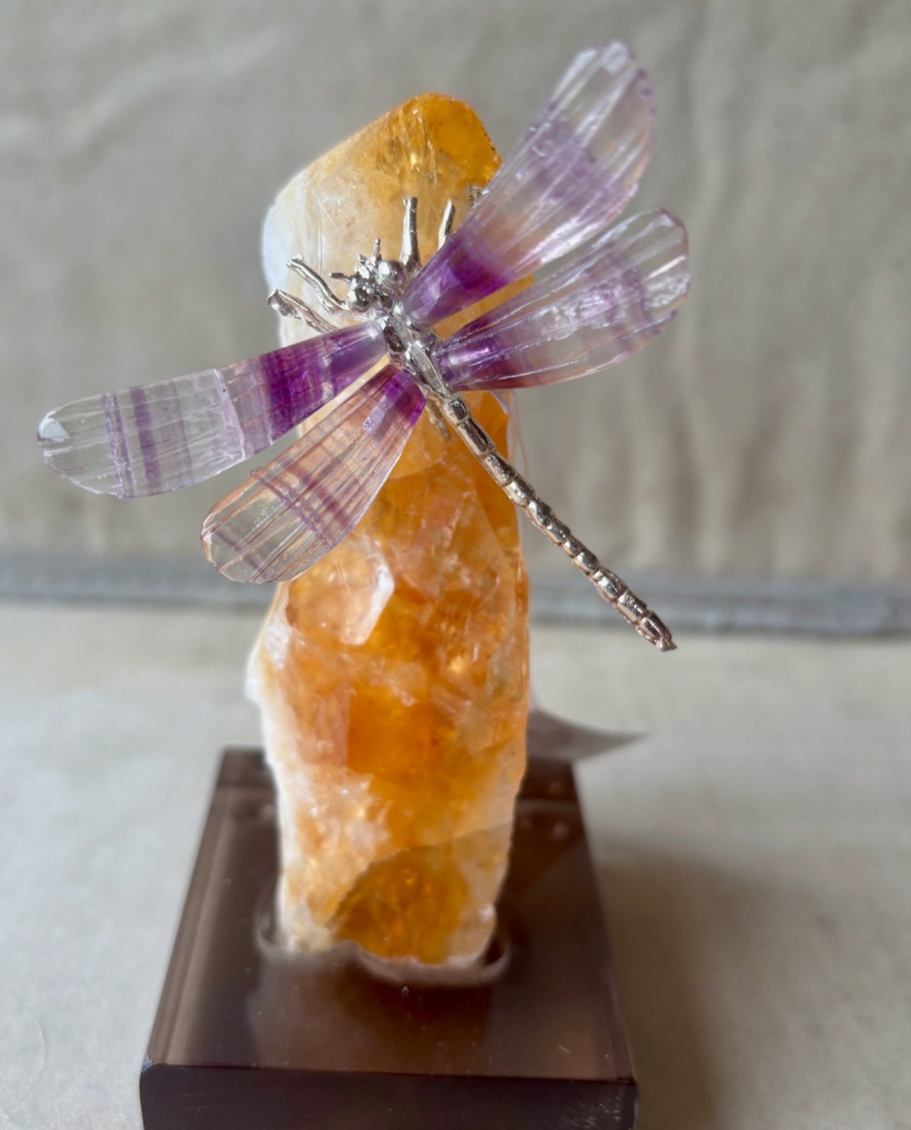 Fluorite/Silver Dragonfly on Citrine 5 1/2 "- Peter Muller Fluorite/Silver Dragonfly on Citrine 5 1/2 "- Peter Muller