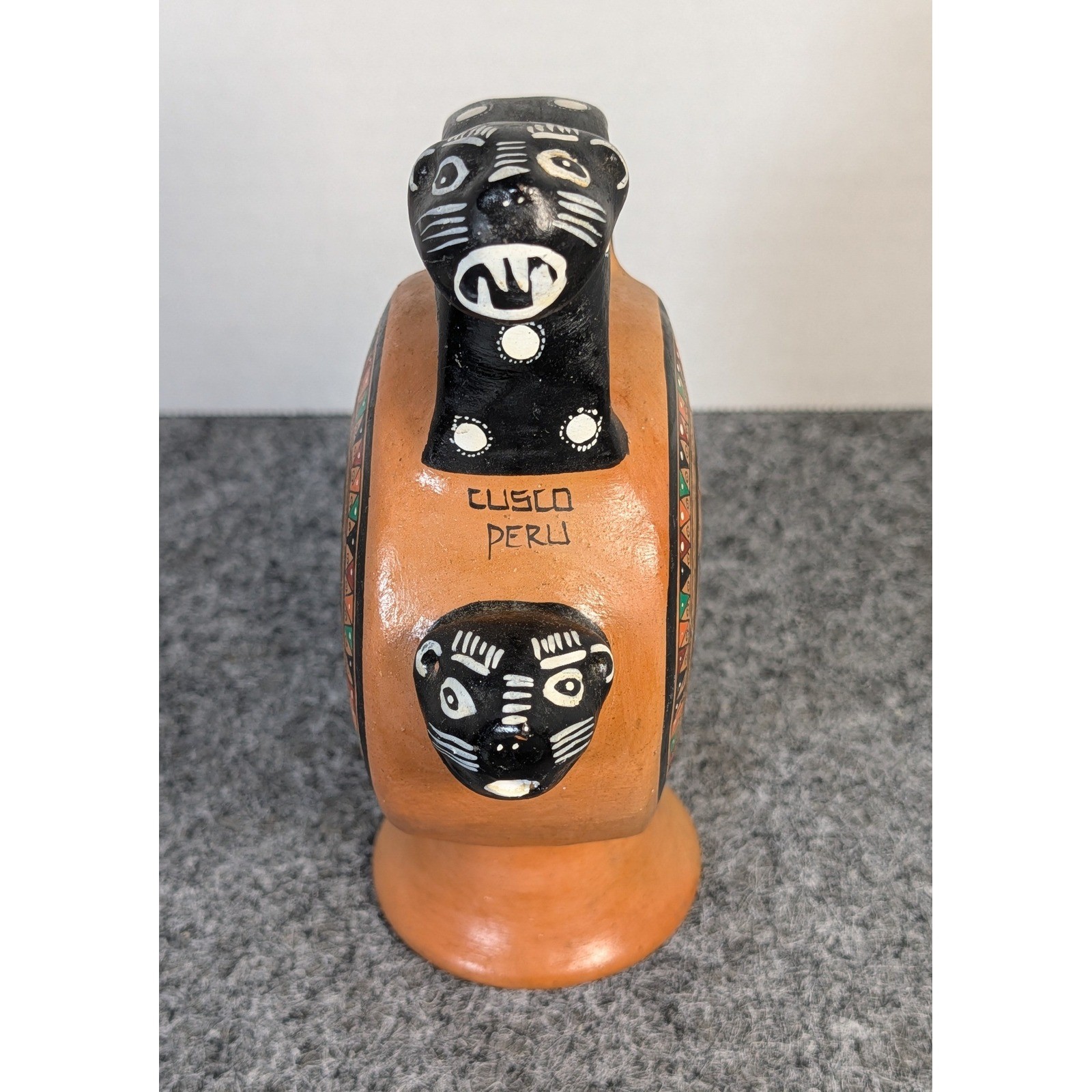 Vintage Cusco Peru Hand Painted Pottery Artisan Llama Jaguar Souvenir Vessel 7"T
