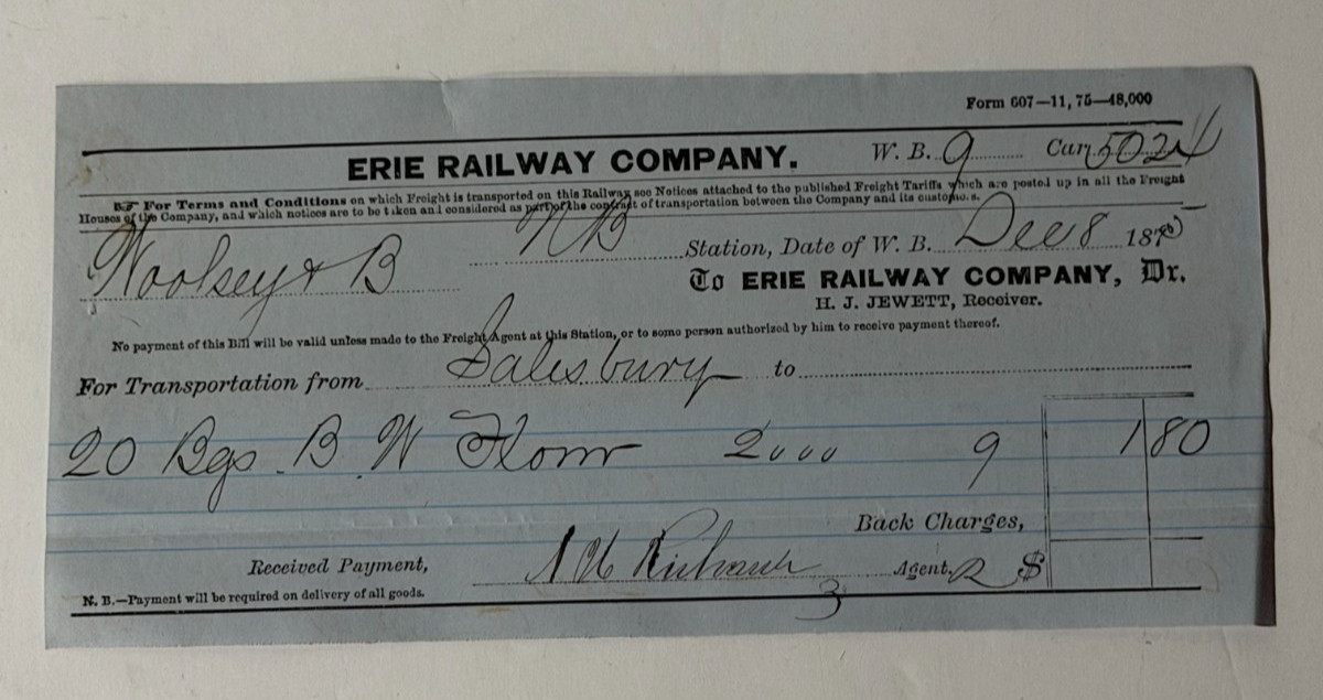 1875 ERIE RAILROAD, TRAIN FREIGHT RECEIPT - Collectible & Rare