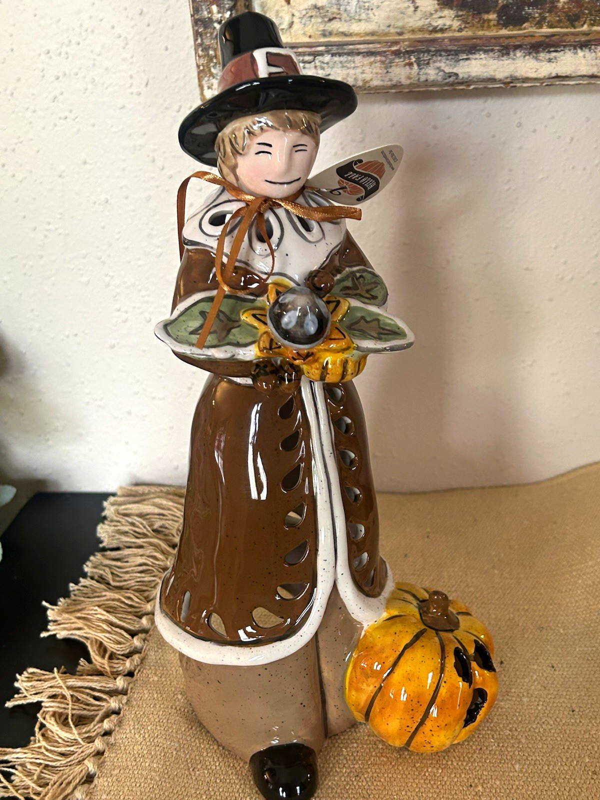 Blue Sky Hello Fall Pilgrim Pumpkin Tealight Candle Holder Hand Painted Blue Sky Hello Fall Pilgrim Pumpkin Tealight Candle Holder Hand Painted