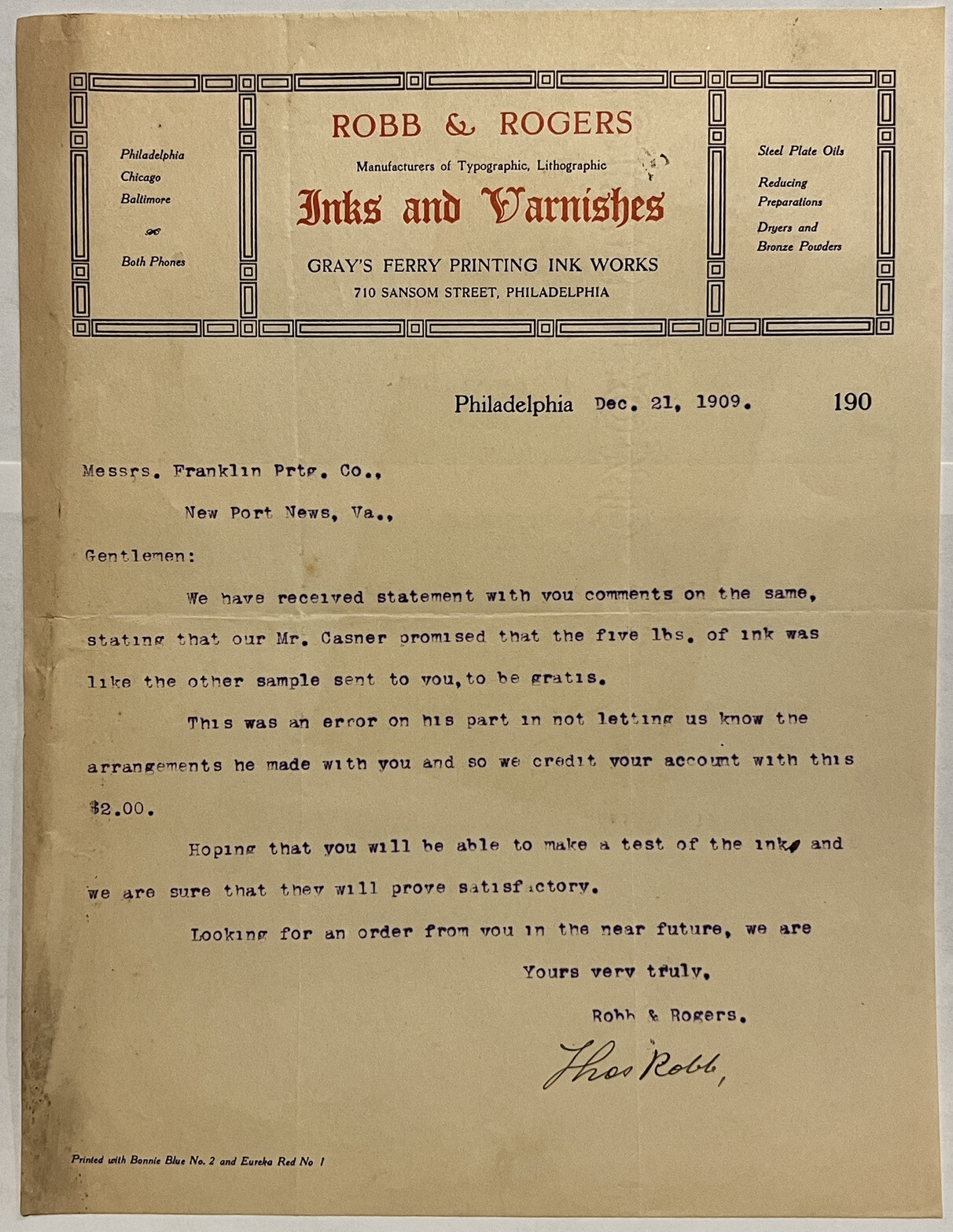 1909 ROBB & ROGERS INKS & VARNISHES TYPED LETTER PHILADELPHIA GRAY'S FERRY PRINT