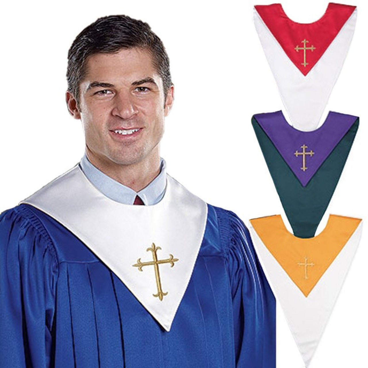 White & Gold Poly Satin Reversible Choir Church Stole With Cross Design