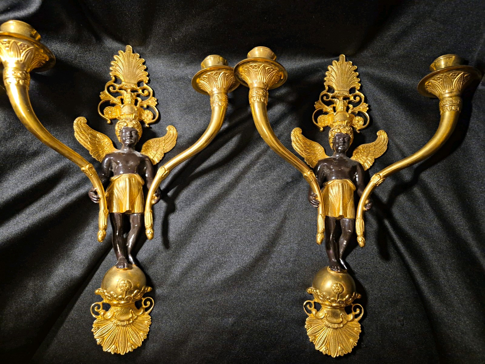 Pair Vintage Figural Bronze Wall Sconces French Empire Style Blackamoor Nubian 2 Pair Vintage Figural Bronze Wall Sconces French Empire Style Blackamoor Nubian 2