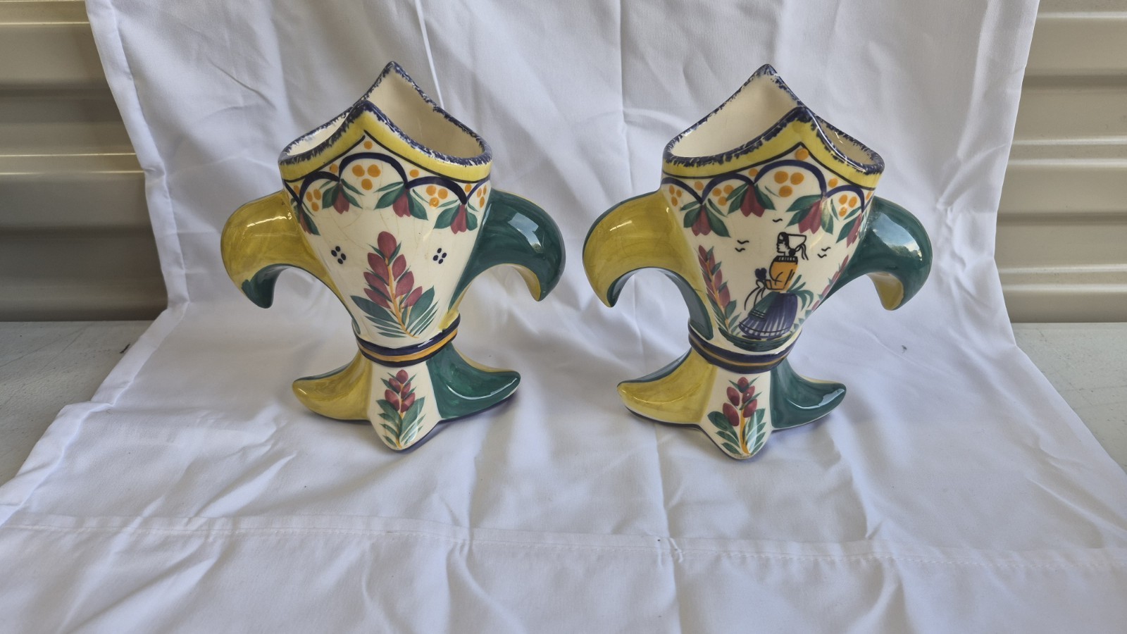 Pair of Vintage Henriot Quimper Fleur de Lis Vases Hand Painted Breton Man 6.5” Pair of Vintage Henriot Quimper Fleur de Lis Vases Hand Painted Breton Man 6.5”